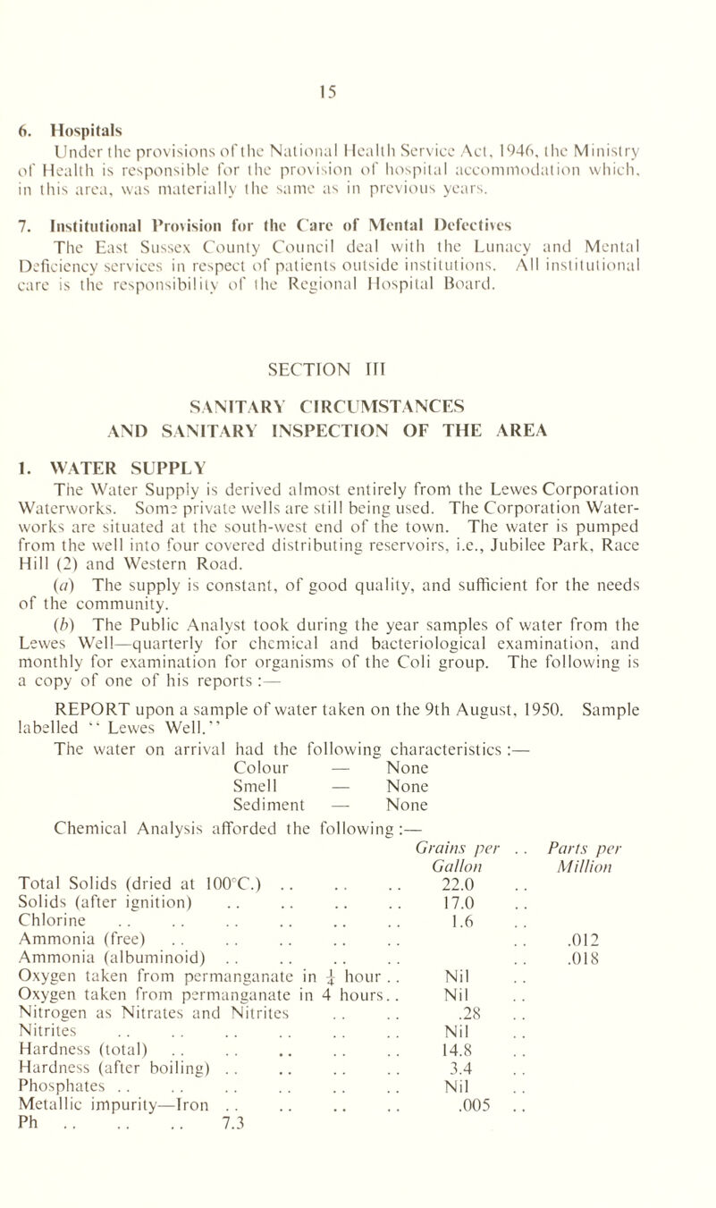 6. Hospitals Under the provisions of the National Health Service Act, 1946, the Ministry of Health is responsible for the provision of hospital accommodation which, in this area, was materially the same as in previous years. 7. Institutional Provision for the Care of Mental Defectives The East Sussex County Council deal with the Lunacy and Mental Deficiency services in respect of patients outside institutions. All institutional care is the responsibility of the Regional Hospital Board. SECTION III SANITARY CIRCUMSTANCES AND SANITARY INSPECTION OF THE AREA 1. WATER SUPPLY The Water Supply is derived almost entirely from the Lewes Corporation Waterworks. Some private wells are still being used. The Corporation Water¬ works are situated at the south-west end of the town. The water is pumped from the well into four covered distributing reservoirs, i.e., Jubilee Park, Race Hill (2) and Western Road. (a) The supply is constant, of good quality, and sufficient for the needs of the community. (b) The Public Analyst took during the year samples of water from the Lewes Well—quarterly for chemical and bacteriological examination, and monthly for examination for organisms of the Coli group. The following is a copy of one of his reports :— REPORT upon a sample of water taken on the 9th August, 1950. Sample labelled “ Lewes Well.’ The water on arrival had the following characteristics :— Colour — None Smell — None Sediment — None Chemical Analysis afforded the following :— Grains per . . Parts pc Gallon Million Total Solids (dried at 100°C.) .. 22.0 Solids (after ignition) 17.0 Chlorine 1.6 Ammonia (free) .012 Ammonia (albuminoid) .018 Oxygen taken from permanganate in \ hour .. Nil Oxygen taken from permanganate in 4 hours.. Nil Nitrogen as Nitrates and Nitrites .28 Nitrites Nil Hardness (total) 14.8 Hardness (after boiling) .. 3.4 Phosphates Nil Metallic impurity—Iron .. .005 .. Ph. 7.3