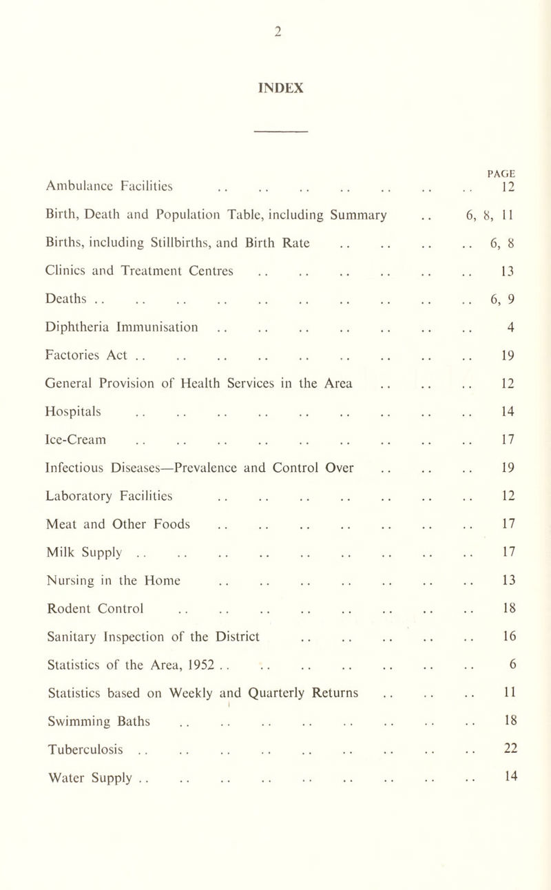INDEX PAGE Ambulance Facilities .. .. .. .. .. .. .. 12 Birth, Death and Population Table, including Summary .. 6, 8, 11 Births, including Stillbirths, and Birth Rate .. .. .. .. 6, 8 Clinics and Treatment Centres .. .. .. .. .. .. 13 Deaths .. .. .. .. .. .. .. .. .. .. 6, 9 Diphtheria Immunisation .. .. .. .. .. .. .. 4 Factories Act .. .. .. .. .. .. .. .. .. 19 General Provision of Health Services in the Area .. .. .. 12 Hospitals .. .. .. .. .. .. .. .. .. 14 Ice-Cream .. .. .. .. .. .. .. .. .. 17 Infectious Diseases—Prevalence and Control Over .. .. .. 19 Laboratory Facilities .. .. .. .. .. .. .. 12 Meat and Other Foods .. .. .. .. .. .. .. 17 Milk Supply .. .. .. . 17 Nursing in the Home .. .. .. .. .. .. .. 13 Rodent Control .. .. .. .. .. .. .. .. 18 Sanitary Inspection of the District .. .. .. .. .. 16 Statistics of the Area, 1952 .. .. .. .. .. .. .. 6 Statistics based on Weekly and Quarterly Returns .. .. .. 11 i Swimming Baths .. .. .. .. .. .. .. .. 18 Tuberculosis .. .. .. .. .. .. .. .. .. 22 Water Supply. 14