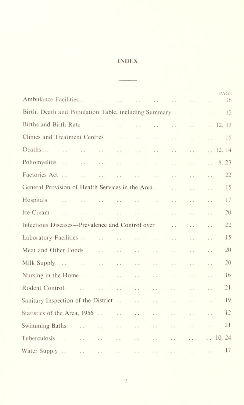 INDEX Ambulance Facilities PAGE 16 Birth, Death and Population Table, including Summary.. 12 Births and Birth Rate . . 12, 13 Clinics and Treatment Centres 16 Deaths . . 12. 14 Poliomyelitis . . 8, 23 Factories Act 22 General Provision of Health Services in the Area.. 15 Hospitals 17 Ice-Cream 20 Infectious Diseases—Prevalence and Control over 1 *> Laboratory Facilities 15 Meat and Other Foods 20 Milk Supply 20 Nursing in the Home .. 16 Rodent Control 21 Sanitary Inspection of the District 19 Statistics of the Area, 1956 12 Swimming Baths 21 T uberculosis . . 10, 24 Water Supply .. 17