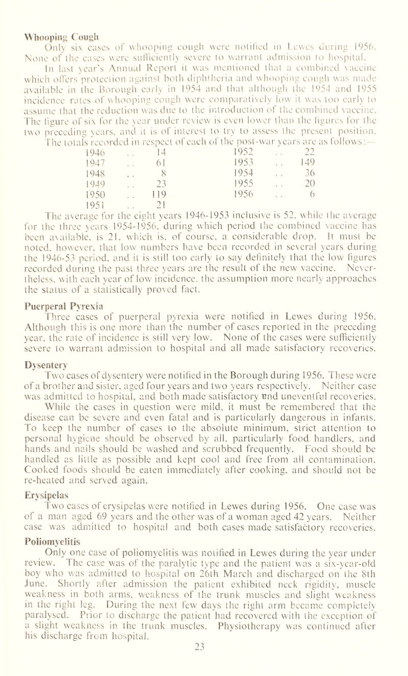 Whooping Cough Only six cases of whooping cough were notified in Lewes during 1956. None of the cases were sufficiently severe to warrant admission to hospital. In last year's Annual Report it was mentioned that a combined vaccine which offers protection against both diphtheria and whooping cough was made available in the Borough early in 1954 and that although the 1954 and 1955 incidence rates of whooping cough were comparatively low it was too early to assume that the reduction was due to the introduction of the combined vaccine. lisure of six for the year under review is even lower than the figures for tl preceding years, and t is of interest to try to assess the present positio The totals recorded in respect of each of lhe post-war years are as follows: 1946 14 1952 22 1947 61 1953 149 1948 8 1954 36 1949 23 1955 20 1950 1 19 1956 6 195! 21 The average for the eight years 1946-1953 inclusive is 52. while the average for the three years 1954-1956. during which period the combined vaccine has been available, is 21. which is, of course, a considerable drop, it must be noted, however, that low numbers have been recorded in several years during the 1946-53 period, and it is still too early to say definitely that the low figures recorded during the past three years are the result of the new vaccine. Never¬ theless. with each year of low incidence, the assumption more nearly approaches the status of a statistically proved fact. Puerperal Pyrexia Three cases of puerperal pyrexia were notified in Lewes during 1956. Although this is one more than the number of cases reported in the preceding year, the rate of incidence is still very low. None of the cases were sufficiently severe to warrant admission to hospital and all made satisfactory recoveries. Dysentery Two cases of dysentery were notified in the Borough during 1956. These were of a brother and sister, aged four years and two years respectively. Neither case was admitted to hospital, and both made satisfactory nnd uneventful recoveries. While the cases in question were mild, it must be remembered that the disease can be severe and even fatal and is particularly dangerous in infants. To keep the number of cases to the absolute minimum, strict attention to personal hygiene should be observed by ail, particularly food handlers, and hands and nails should be washed and scrubbed frequently. Food should be handled as little as possible and kept cool and free from all contamination. Cooked foods should be eaten immediately after cooking, and should not be re-heated and served again. Erysipelas Two cases of erysipelas were notified in Lewes during 1956. One case was of a man aged 69 years and the other was of a woman aged 42 years. Neither case was admitted to hospital and both cases made satisfactory recoveries. Poliomyelitis Only one case of poliomyelitis was notified in Lewes during the year under review. The case was of the paralytic type and (he patient was a six-year-old boy who was admitted to hospital on 26th March and discharged on the 8th June. Shortly after admission the patient exhibited neck rigidity, muscle weakness in both arms, weakness of the trunk muscles and slight weakness in the right leg. During the next few days the right arm became completely paralysed. Prior to discharge the patient had recovered with the exception of a slight weakness in the trunk muscles. Physiotherapy was continued after his discharge from hospital.