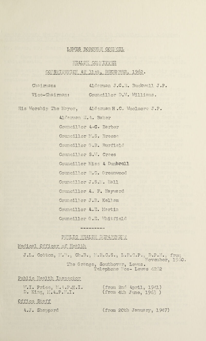 LEWES BOROUGH COUNCIL HEALTH CCl.i 'ITTBE CO^rmiTICE 4T 31st, DECEMBER^ 1962. Chairman: Alderman J.C.H. Buclcwell J.P. Vice-Chairman: Councillor D.W. Williams, His Worship The Mayor, Aidsrman H .C„ Woolmoro J.P, Alderman H .4. Baker Council! or 4* C. Barber Councillor x . 0 \~y 9 Brees^ Councillor • UJ 0 Burfield Councillor n t t O 0 W 0 Crees Councillor Mi s s 4 Dumbrdl Councillor ■q e • v« Greenwood Councillor T 0 T O 0 1J 0 X . Hall Councillor A. F . Ha y\.js. rd Council]or J.Pi. Kellam Councillor 4.E. Martin Councillor P T71 VJT • 0 Licit field PUBLIC HEALTH DEPARTHE'!1 Medical Officer of Health J «L, Coo bon, *., ., CL' ,B., •ope T. P r< p 7) p T-T 1 J. I » ‘ J # 2 •*— • - ® -j O L Of) --s OX O J. • Wo vernier, The Grange, Southover, Lewes. Telephone ■vos- Lewes 4202 Public Health Inspector W.I. Price, M.4.P.H.I. (from 2nd April, 1941) D. King, M.4.P.H.I. (from 4th June, 1963 ) Office Staff 4.J. Sheppard (from 20th January, 1947)