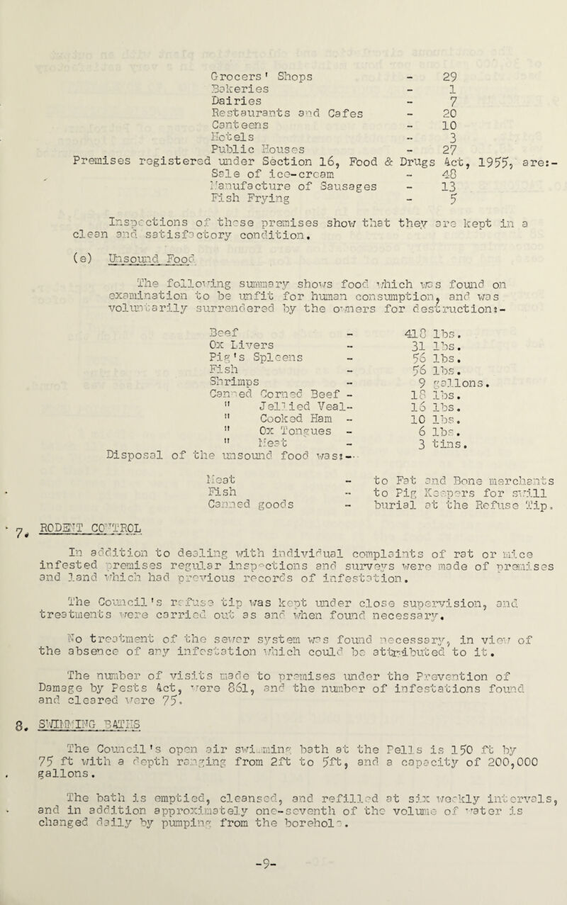 Grocers1 Shops - 29 Bakeries - 1 Dairies - 7 Restaurants and Cafes - 20 Canteens - 10 Hotels - 3 Public Houses - 27 Sale of .ice-crcam - 48 Manufacture of Sausages - 13 Fish Frying - 7 Inspections of these premises clean and satisfactory condition. show that they are kept in a (e) Unsound Food The following summary shows food which was found on examination to be unfit for human consumption, and was voluntarily surrendered by the owners for destructions- Beef — 41.8 lbs. Ox Livers 31 lbs. Pig's Spleens 56 lbs. Fish — 56 lbs. Shrimps 9 gallon Canned Corned Beef - 18 lbs. n Jellied Veal- 16 lbs. m Cooked Ham 10 lbs . it Ox Tongues 6 lbs. ir Heat 3 tins. Disposal of the unsound food wass— Heat — to Fat and Bone merchant Fish - to Pig Keepers for swill Canned goods - burial at the Refuse Tip 17 RODEFT CONTROL (* ——--— • In addition to infested premises and land which had dealing with individual complaints of rat or mice regular inspections and surveys were made of premises previous records of infestation. The Council's refuse tip was kept under close supervision, and treatments were carried out as and when found necessary. No treatment of the sewer system was found necessary, in view of the absence of any infestation which could be attributed to it. The number of visits made to premises under the Prevention of Damage by Pests 4ct, were S6l, and. the number of infestations found and cleared were 75° 8# SWBMIFG BATES The Council's open air swimming bath at the Pells is 150 ft by 75 ft with a depth ranging from 2ft to 5Ft, and a capacity of 200,000 gallons. The bath is emptied, cleansed, and refilled at six weekly intervals, and in addition approximately one-seventh of the volume of Trater is changed daily by pumping from the borehol.