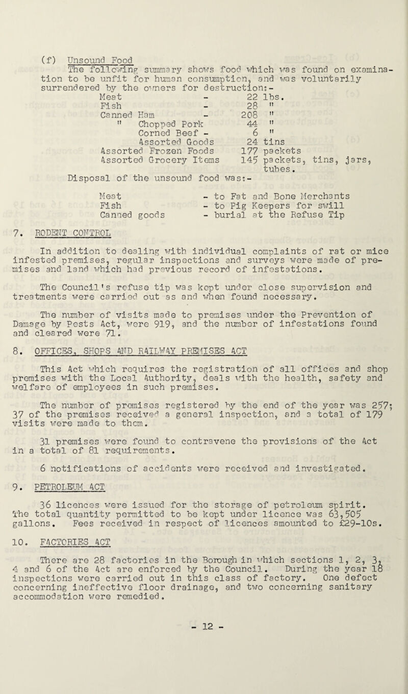 (f) Unsound Food The following summary shows food which tion to be unfit for human consumption, and surrendered by the owners for destructions - was found on exomina was voluntarily Meat 22 lbs. Fish 28 n Canned Ham 208 it ” Chopped Pork 44 ti Corned Beef - 6 1! Assorted Goods 24 tins Assorted Frozen Foods 177 packets Assorted Grocery Items 145 packets. tubes tins, jars, Disposal of the unsound food wass- Meat Fish Canned goods - to Fat and Bone Merchants - to Pig Keepers for si\rill - burial at the Refuse Tip 7. RODENT CONTROL In addition to dealing with individual complaints of rat or mice infested premises, regular inspections and surveys were made of pre¬ mises and land which had previous record of infestations. The Council’s refuse tip was kept under close supervision and treatments were carried out as and when found necessary. The number of visits made to premises under the Prevention of Damage by Pests Act, were 9199 and the number of infestations found and cleared were 71. 8. OFFICES. SHOPS AND RAILWAY PREMISES ACT This Act which requires the registration of all offices and shop premises with the Local Authority, deals with the health, safety and welfare of employees in such premises. The number of premises registered by the end of the year was 257 37 of the premises received a general inspection, and a total of 179 visits were made to them. 31 premises were found to contravene the provisions of the Act in a total of 81 requirements. 6 notifications of accidents were received and investigated. 9. PETROLEUM ACT 36 licences were issued for the storage of petroleum spirit. The total quantity permitted to be kept under licence was 63,505 gallons. Fees received in respect of licences amounted to £29-10s. 10. FACTORIES ACT There are 28 factories in the Borough in which sections 1,2,3 4 and 6 of the Act are enforced by the Council. During the year 1 inspections were carried out in this class of factory. One defect concerning ineffective floor drainage, and two concerning sanitary accommodation were remedied.