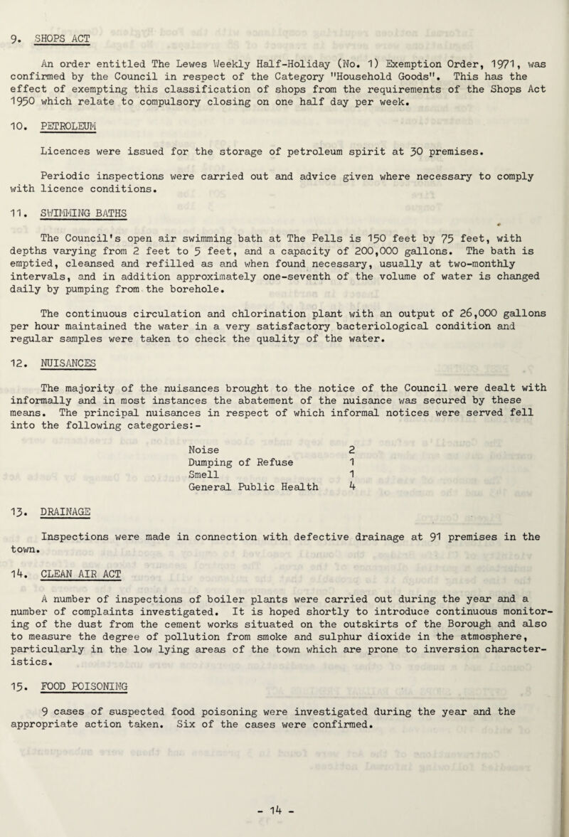 9. SHOPS ACT An order entitled The Lewes Weekly Half-Holiday (No. 1) Exemption Order, 1971, was confirmed by the Council in respect of the Category Household Goods. This has the effect of exempting this classification of shops from the requirements of the Shops Act 1950 which relate to compulsory closing on one half day per week. 10. PETROLEUM Licences were issued for the storage of petroleum spirit at 30 premises. Periodic inspections were carried out and advice given where necessary to comply with licence conditions. 11. SWIMMING BATHS The Council's open air swimming bath at The Pells is 150 feet by 75 feet, with depths varying from 2 feet to 5 feet, and a capacity of 200,000 gallons. The bath is emptied, cleansed and refilled as and when found necessary, usually at two-monthly intervals, and in addition approximately one-seventh of the volume of water is changed daily by pumping from the borehole. The continuous circulation and chlorination plant with an output of 26,000 gallons per hour maintained the water in a very satisfactory bacteriological condition and regular samples were taken to check the quality of the water. 12. NUISANCES The majority of the nuisances brought to the notice of the Council were dealt with informally and in most instances the abatement of the nuisance was secured by these means. The principal nuisances in respect of which informal notices were served fell into the following categories:- Noise 2 Dumping of Refuse 1 Smell 1 General Public Health 4 13. DRAINAGE Inspections were made in connection with defective drainage at 91 premises in the town. 14. CLEAN AIR ACT A number of inspections of boiler plants were carried out during the year and a number of complaints investigated. It is hoped shortly to introduce continuous monitor ing of the dust from the cement works situated on the outskirts of the Borough and also to measure the degree of pollution from smoke and sulphur dioxide in the atmosphere, particularly in the low lying areas of the town which are prone to inversion character¬ istics. 15. FOOD POISONING 9 cases of suspected food poisoning were investigated during the year and the appropriate action taken. Six of the cases were confirmed.