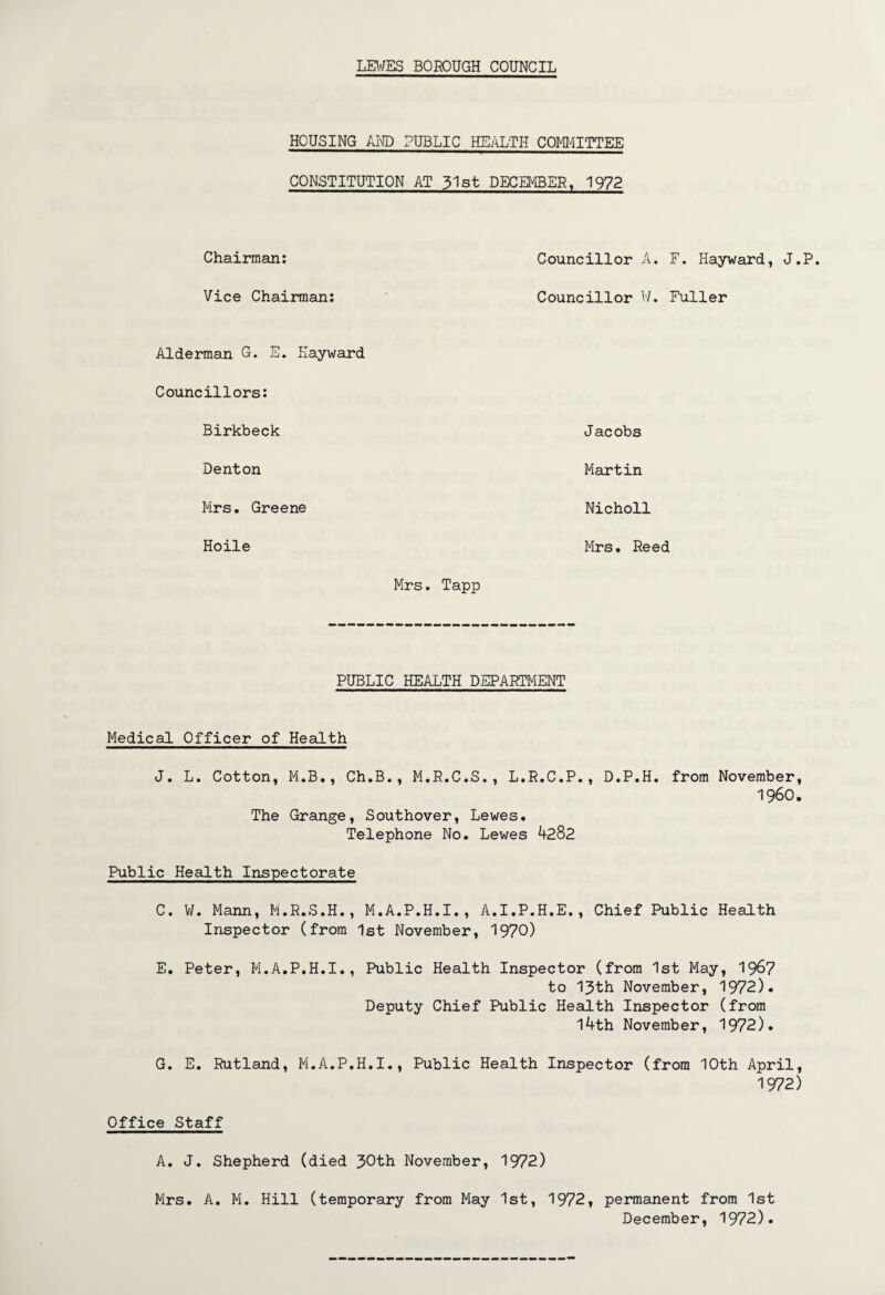 HOUSING AND PUBLIC HEALTH COMMITTEE CONSTITUTION AT 51st DECEMBER, 1972 Chairman: Councillor A. F. Hayward, J.P. Vice Chairman: Councillor W. Fuller Alderman G. E. Hayward Councillors: Birkbeck Jacobs Denton Martin Mrs. Greene Nicholl Hoile Mrs. Reed Mrs. Tapp PUBLIC HEALTH DEPARTMENT Medical Officer of Health J. L. Cotton, M.B., Ch.B., M.R.C.S., L.R.C.P., The Grange, Southover, Lewes. Telephone No. Lewes 4282 D.P.H. from November, I960. Public Health Inspectorate C. W. Mann, M.R.S.H., M.A.P.H.I., A.I.P.H.E., Chief Public Health Inspector (from 1st November, 1970) E. Peter, M.A.P.H.I., Public Health Inspector (from 1st May, 1967 to 13th November, 1972). Deputy Chief Public Health Inspector (from 14th November, 1972). G. E. Rutland, M.A.P.H.I., Public Health Inspector (from 10th April, 1972) Office Staff A. J. Shepherd (died 30th November, 1972) Mrs. A. M. Hill (temporary from May 1st, 1972, permanent from 1st December, 1972).