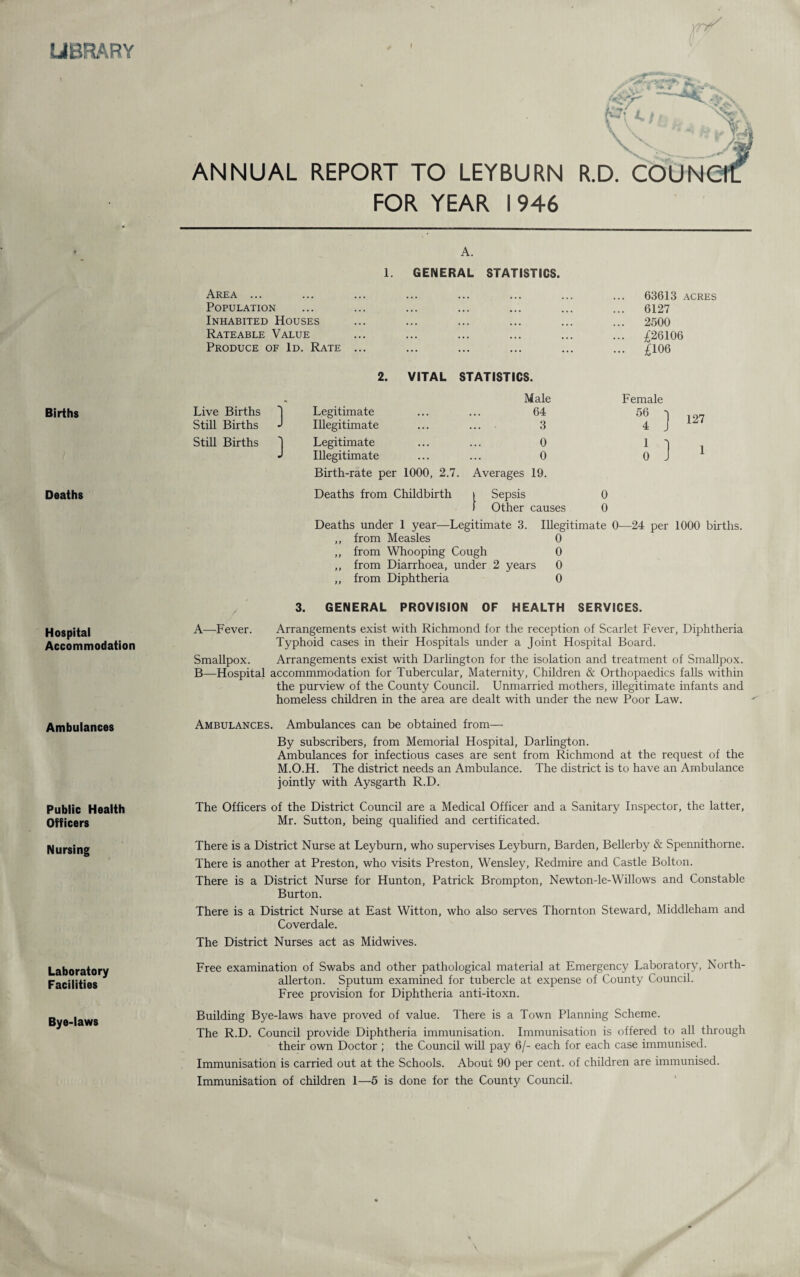 LIBRARY I ANNUAL REPORT TO LEYBURN FOR YEAR 1946 A v * * ' tV\ for pit.;, ^ i V # . » R.D. COUNC Births Deaths Hospital Accommodation Ambulances Public Health Officers Nursing Laboratory Facilities Bye-laws A. 1. GENERAL STATISTICS. Area ... Population Inhabited Houses Rateable Value Produce of Id. Rate 63613 acres 6127 2500 £26106 £106 Live Births ] Still Births J Still Births 1 2. VITAL STATISTICS. Male Female Legitimate 64 56 Illegitimate 3 4 Legitimate 0 1 Illegitimate 0 0 Birth-rate per 1000, 2.7. Averages 19. Deaths from Childbirth i Sepsis 0 I Other causes 0 Deaths under 1 year—Legitimate 3. Illegitimate 0—24 per 1000 births. ,, from Measles 0 ,, from Whooping Cough 0 ,, from Diarrhoea, under 2 years 0 ,, from Diphtheria 0 3. GENERAL PROVISION OF HEALTH SERVICES. A—Fever. Arrangements exist with Richmond for the reception of Scarlet Fever, Diphtheria Typhoid cases in their Hospitals under a Joint Hospital Board. Smallpox. Arrangements exist with Darlington for the isolation and treatment of Smallpox. B—Hospital accommmodation for Tubercular, Maternity, Children & Orthopaedics falls within the purview of the County Council. Unmarried mothers, illegitimate infants and homeless children in the area are dealt with under the new Poor Law. Ambulances. Ambulances can be obtained from— By subscribers, from Memorial Hospital, Darlington. Ambulances for infectious cases are sent from Richmond at the request of the M.O.H. The district needs an Ambulance. The district is to have an Ambulance jointly with Aysgarth R.D. The Officers of the District Council are a Medical Officer and a Sanitary Inspector, the latter, Mr. Sutton, being qualified and certificated. There is a District Nurse at Leyburn, who supervises Leyburn, Barden, Bellerby & Spennithorne. There is another at Preston, who visits Preston, Wensley, Redmire and Castle Bolton. There is a District Nurse for Hunton, Patrick Brompton, Newton-le-Willows and Constable Burton. There is a District Nurse at East Witton, who also serves Thornton Steward, Middleham and Coverdale. The District Nurses act as Midwives. Free examination of Swabs and other pathological material at Emergency Laboratory, North¬ allerton. Sputum examined for tubercle at expense of County Council. Free provision for Diphtheria anti-itoxn. Building Bye-laws have proved of value. There is a Town Planning Scheme. The R.D. Council provide Diphtheria immunisation. Immunisation is offered to all through their own Doctor ; the Council will pay 6/- each for each case immunised. Immunisation is carried out at the Schools. About 90 per cent, of children are immunised. Immunisation of children 1—5 is done for the County Council.