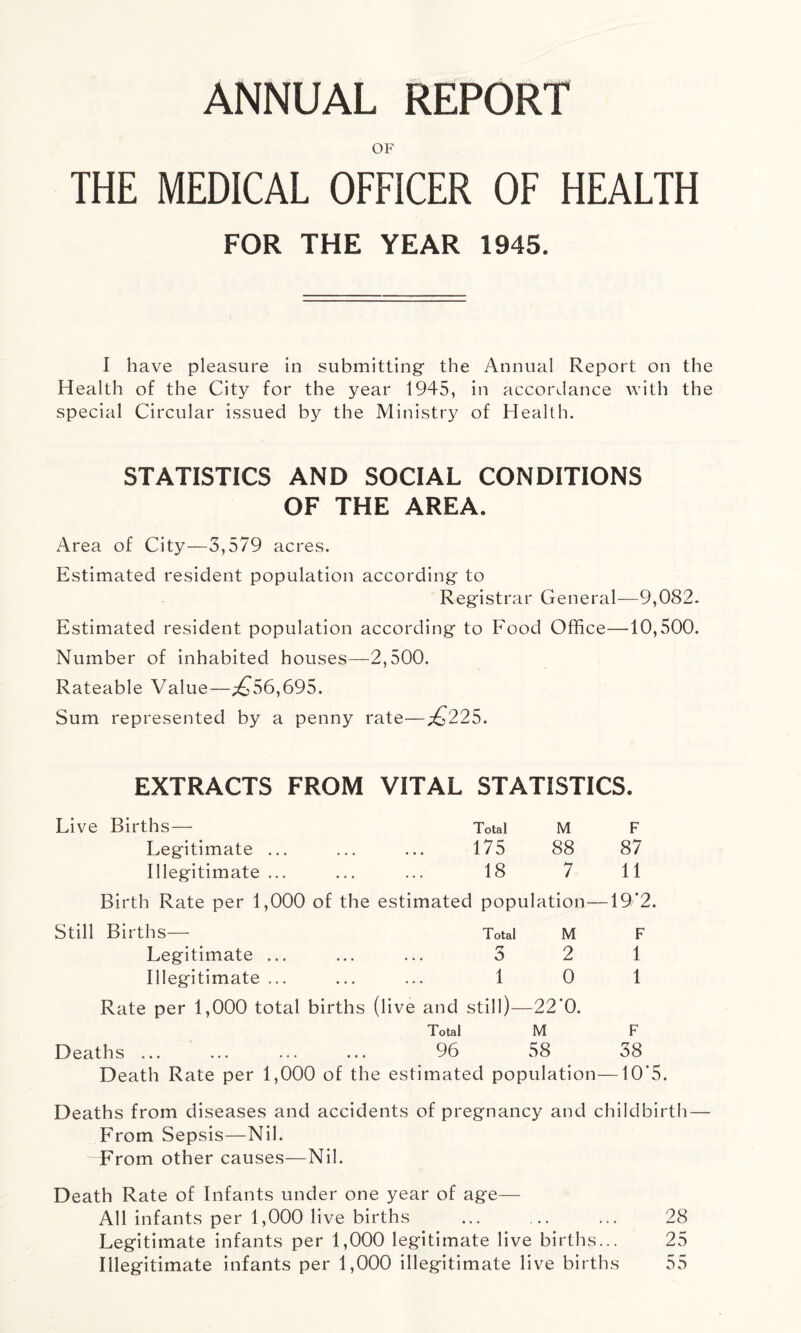 ANNUAL REPORT OF THE MEDICAL OFFICER OF HEALTH FOR THE YEAR 1945. I have pleasure in submitting the Annual Report on the Health of the City for the year 1945, in accordance with the special Circular issued by the Ministry of Health. STATISTICS AND SOCIAL CONDITIONS OF THE AREA. Area of City—3,579 acres. Estimated resident population according to Registrar General—9,082. Estimated resident population according to Food Office—10,500. Number of inhabited houses—2,500. Rateable Value—^56,695. Sum represented by a penny rate—£225. EXTRACTS FROM VITAL STATISTICS. Live Births— Total M F Legitimate ... ... ... 175 88 87 Illegitimate... ... ... 18 7 11 Birth Rate per 1,000 of the estimated population—19*2. Still Births— Total M F Legitimate ... ... ... 3 2 1 Illegitimate ... ... ... 10 1 Rate per 1,000 total births (live and still)—22'0. Total M F Deaths ... ... ... ... 96 58 38 Death Rate per 1,000 of the estimated population—10*5. Deaths from diseases and accidents of pregnancy and childbirth — From Sepsis—Nil. From other causes—Nil. Death Rate of Infants under one year of age— All infants per 1,000 live births ... ... ... 28 Legitimate infants per 1,000 legitimate live births... 25 Illegitimate infants per 1,000 illegitimate live births 55