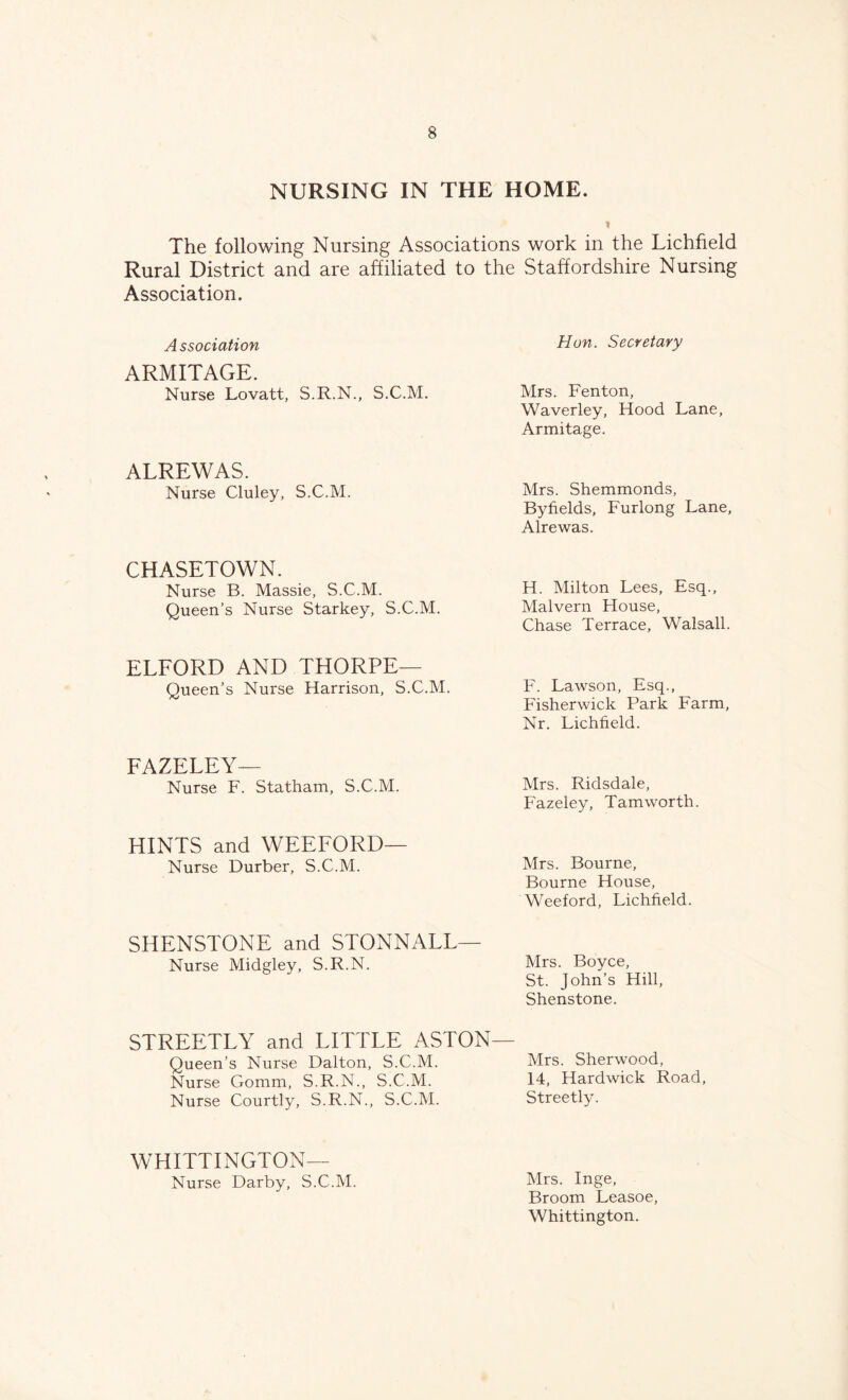 NURSING IN THE HOME. I The following Nursing Associations work in the Lichfield Rural District and are affiliated to the Staffordshire Nursing Association. Association ARMITAGE. Nurse Lovatt, S.R.N., S.C.M. Hon. Secretary Mrs. Fenton, Waverley, Hood Lane, Armitage. ALREWAS. Nurse Cluley, S.C.M. Mrs. Shemmonds, Byfields, Furlong Lane, Alrewas. CHASETOWN. Nurse B. Massie, S.C.M. Queen’s Nurse Starkey, S.C.M. H. Milton Lees, Esq., Malvern House, Chase Terrace, Walsall. ELFORD AND THORPE— Queen’s Nurse Harrison, S.C.M. F. Lawson, Esq., Fisherwick Park Farm, Nr. Lichfield. FAZELEY— Nurse F. Statham, S.C.M. Mrs. Ridsdale, Fazeley, Tamworth. HINTS and WEEFORD— Nurse Durber, S.C.M. Mrs. Bourne, Bourne House, Weeford, Lichfield. SHENSTONE and STONNALL— Nurse Midgley, S.R.N. Mrs. Boyce, St. John’s Hill, Shenstone. STREETLY and LITTLE ASTON- Queen’s Nurse Dalton, S.C.M. Nurse Gomm, S.R.N., S.C.M. Nurse Courtly, S.R.N., S.C.M. Mrs. Sherwood, 14, Hardwick Road, Streetly. WHITTINGTON— Nurse Darby, S.C.M. Mrs. Inge, Broom Leasoe, Whittington.
