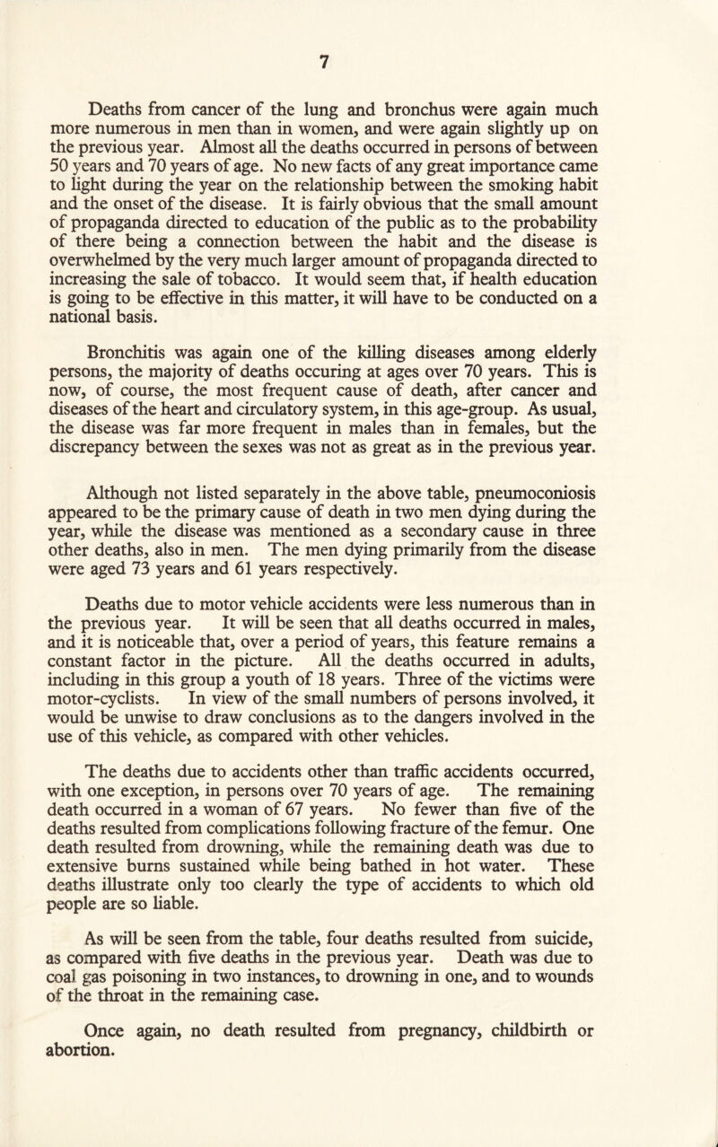 Deaths from cancer of the lung and bronchus were again much more numerous in men than in women, and were again slightly up on the previous year. Almost all the deaths occurred in persons of between 50 years and 70 years of age. No new facts of any great importance came to light during the year on the relationship between the smoking habit and the onset of the disease. It is fairly obvious that the small amount of propaganda directed to education of the public as to the probability of there being a connection between the habit and the disease is overwhelmed by the very much larger amount of propaganda directed to increasing the sale of tobacco. It would seem that, if health education is going to be effective in this matter, it will have to be conducted on a national basis. Bronchitis was again one of the killing diseases among elderly persons, the majority of deaths occuring at ages over 70 years. This is now, of course, the most frequent cause of death, after cancer and diseases of the heart and circulatory system, in this age-group. As usual, the disease was far more frequent in males than in females, but the discrepancy between the sexes was not as great as in the previous year. Although not listed separately in the above table, pneumoconiosis appeared to be the primary cause of death in two men dying during the year, while the disease was mentioned as a secondary cause in three other deaths, also in men. The men dying primarily from the disease were aged 73 years and 61 years respectively. Deaths due to motor vehicle accidents were less numerous than in the previous year. It will be seen that all deaths occurred in males, and it is noticeable that, over a period of years, this feature remains a constant factor in the picture. All the deaths occurred in adults, including in this group a youth of 18 years. Three of the victims were motor-cyclists. In view of the small numbers of persons involved, it would be unwise to draw conclusions as to the dangers involved in the use of this vehicle, as compared with other vehicles. The deaths due to accidents other than traffic accidents occurred, with one exception, in persons over 70 years of age. The remaining death occurred in a woman of 67 years. No fev/er than five of the deaths resulted from complications following fracture of the femur. One death resulted from drowning, while the remaining death was due to extensive burns sustained while being bathed in hot water. These deaths illustrate only too clearly the type of accidents to which old people are so liable. As will be seen from the table, four deaths resulted from suicide, as compared with five deaths in the previous year. Death was due to coal gas poisoning in two instances, to drowning in one, and to wounds of the throat in the remaining case. Once again, no death resulted from pregnancy, childbirth or abortion.