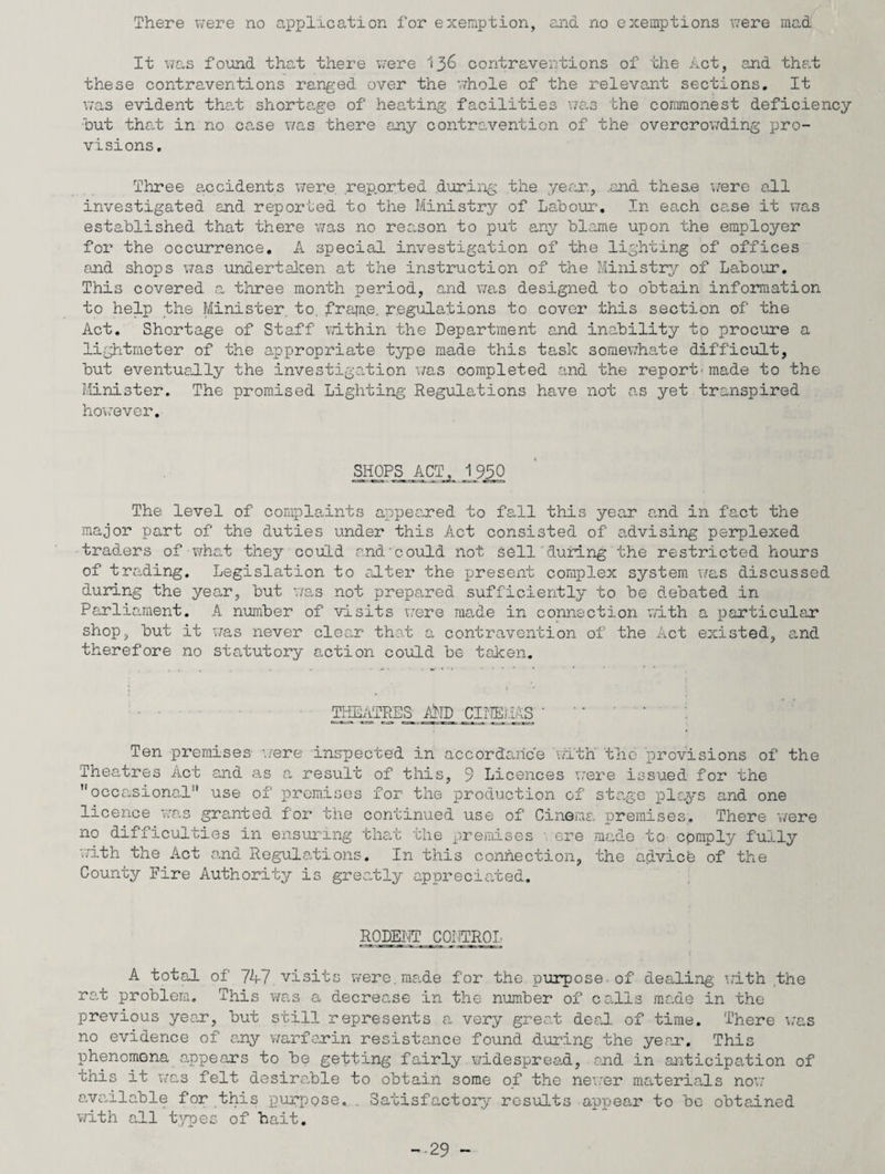 There were no application for exemption, and no exemptions were mad It was found that there were 136 contraventions of the Act, and that these contraventions ranged over the whole of the relevant sections. It was evident that shortage of heating facilities was the commonest deficiency but that in no case was there any contravention of the overcrowding pro¬ visions. Three accidents were reported during the year., .and these were all investigated and reported to the Ministry of Labour. In each case it was established that there was no reason to put any blame upon the employer for the occurrence. A special investigation of the lighting of offices and shops was undertaken at the instruction of the Ministry of Labour. This covered a three month period, and was designed to obtain information to help the Minister to. frame, regulations to cover this section of the Act. Shortage of Staff within the Department and inability to procure a lightmeter of the appropriate type made this task somewhate difficult, but eventually the investigation was completed and the report'made to the Minister. The promised Lighting Regulations have not as yet transpired however. SHOPS ACT, J950 The level of complaints appeared to fall this year and in fact the major part of the duties under this Act consisted of advising perplexed traders of what they could and'could not sell during the restricted hours of trading. Legislation to alter the present complex system was discussed during the year, but was not prepared sufficiently to be debated in Parliament. A number of visits were made in connection with a particular shop, but it was never clear that a contravention of the Act existed, and therefore no statutory auction could be taken. THEATRES AND CITOIAS ' Ten premises- were inspected in accordance with the provisions of the Theatres Act and as a result of this, 9 Licences were issued for the occasional” use of premises for the production of stage plays and one licence was granted for the continued use of Cinema premises. There were no difficulties in ensuring that the premises . ere made to cpmply fully with the Act and Regulations. In this connection, the advice of the County Fire Authority is greatly appreciated. RODENT CONTROL A total of 74-7 visits were, made for the purpose-of dealing with the rat problem. This was a decrease in the number of calls made in the previous year, but still represents a very great deal of time. There was no evidence of any warfarin resistance found during the year. This phenomena .appears to be getting fairly widespread, and in anticipation of this it was felt desirable to obtain some of the newer materials now available for this purpose. . Satisfactory results appear to be obtained with all types of bait. -29 ~