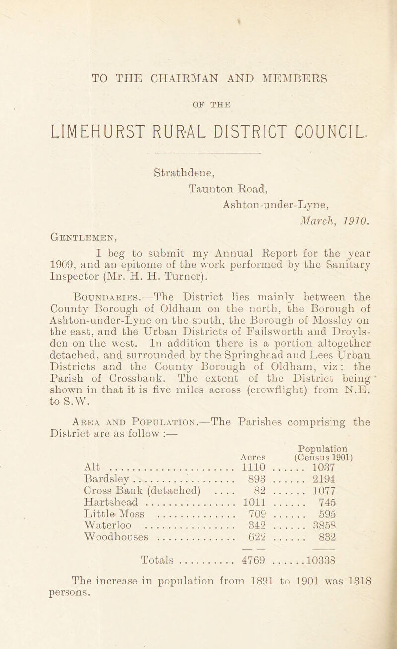 TO THE CHAIRMAN AND MEMBERS OF THE LIMEHURST RURAL DISTRICT COUNCIL Strathdene, Taunton Road, Ashton-under-Lyne, March, 1910. Gentlemen, I beg to submit my Annual Report for the year 1909, and an epitome of the work performed by the Sanitary Inspector (Mr. H. H. Turner). Boundaries.—The District lies mainly between the County Borough of Oldham on the north, the Borough of Ashton-under-Lyne on the south, the Borough of Mossley on the east, and the Urban Districts of Failsworth and Droyls- den on the west. In addition there is a portion altogether detached, and surrounded by the Springhead and Lees Urban Districts and the County Borough of Oldham, viz: the Parish of Crossbank. The extent of the District being * shown in that it is five miles across (crowflight) from N.E. to S.W. Area and Population.—The Parishes comprising the District are as follow :— Acres Population (Census 1901) Alt . .... 1110 .. .... 1037 Bardsley. .... 893 .. . 2194 Cross Bank (detached) 82 .. . 1077 Hartshead . .... 1011 ., . 745 Little Moss . _ 709 .. . 595 Waterloo . _ 342 ., , 8858 Woodhouses . .... 622 ., . 832 Totals. .... 4769 .. .. . .10338 The increase in population from 1891 to 1901 was 1318 persons.