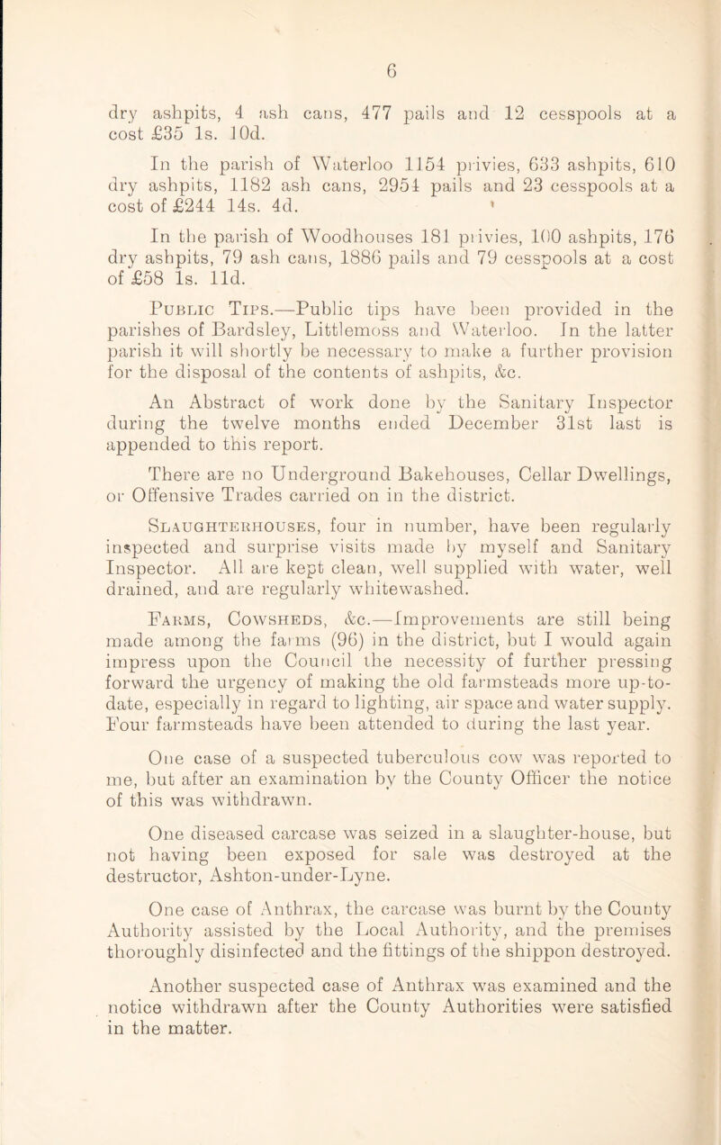 dry ashpits, 4 ash cans, 477 pails and 12 cesspools at a cost £35 Is. lOd. In the parish of Waterloo 1154 privies, 633 ashpits, 610 dry ashpits, 1182 ash cans, 2954 pails and 23 cesspools at a cost of £244 14s. 4d. In the parish of Woodhouses 181 privies, 100 ashpits, 176 dry ashpits, 79 ash cans, 1886 pails and 79 cesspools at a cost of £58 Is. lid. Public Tips.—Public tips have been provided in the parishes of Bardsley, Littlemoss and Waterloo. In the latter parish it will shortly be necessary to make a further provision for the disposal of the contents of ashpits, &c. An Abstract of work done by the Sanitary Inspector during the twelve months ended December 31st last is appended to this report. There are no Underground Bakehouses, Cellar Dwellings, or Offensive Trades carried on in the district. Slaughterhouses, four in number, have been regularly inspected and surprise visits made by myself and Sanitary Inspector. All are kept clean, well supplied with water, well drained, and are regularly whitewashed. Farms, Cowsheds, &c.—Improvements are still being made among the farms (96) in the district, but I would again impress upon the Council the necessity of further pressing forward the urgency of making the old farmsteads more up-to- date, especially in regard to lighting, air space and water supply. Four farmsteads have been attended to during the last year. One case of a suspected tuberculous cow was reported to me, but after an examination by the County Officer the notice of this was withdrawn. One diseased carcase was seized in a slaughter-house, but not having been exposed for sale was destroyed at the destructor, Ashton-under-Lyne. One case of Anthrax, the carcase was burnt by the County Authority assisted by the Local Authority, and the premises thoroughly disinfected and the fittings of the shippon destroyed. Another suspected case of Anthrax was examined and the notice withdrawn after the County Authorities were satisfied in the matter.