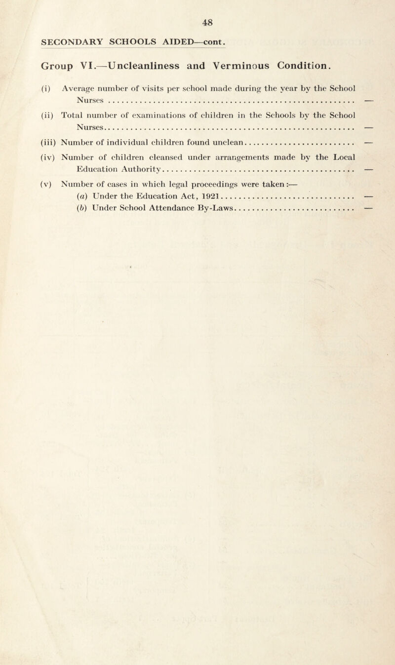 SECONDARY SCHOOLS AIDED—cont. Group VI.—Uncleanliness and Verminous Condition. (i) Average number of visits per school made during the year by the School Nurses. (ii) Total number of examinations of children in the Schools by the School Nurses. (iii) Number of individual children found unclean. (iv) Number of children cleansed under arrangements made by the Local Education Authority. (v) Number of cases in which legal proceedings were taken:— (a) Under the Education Act, 1921. (b) Under School Attendance By-Laws.