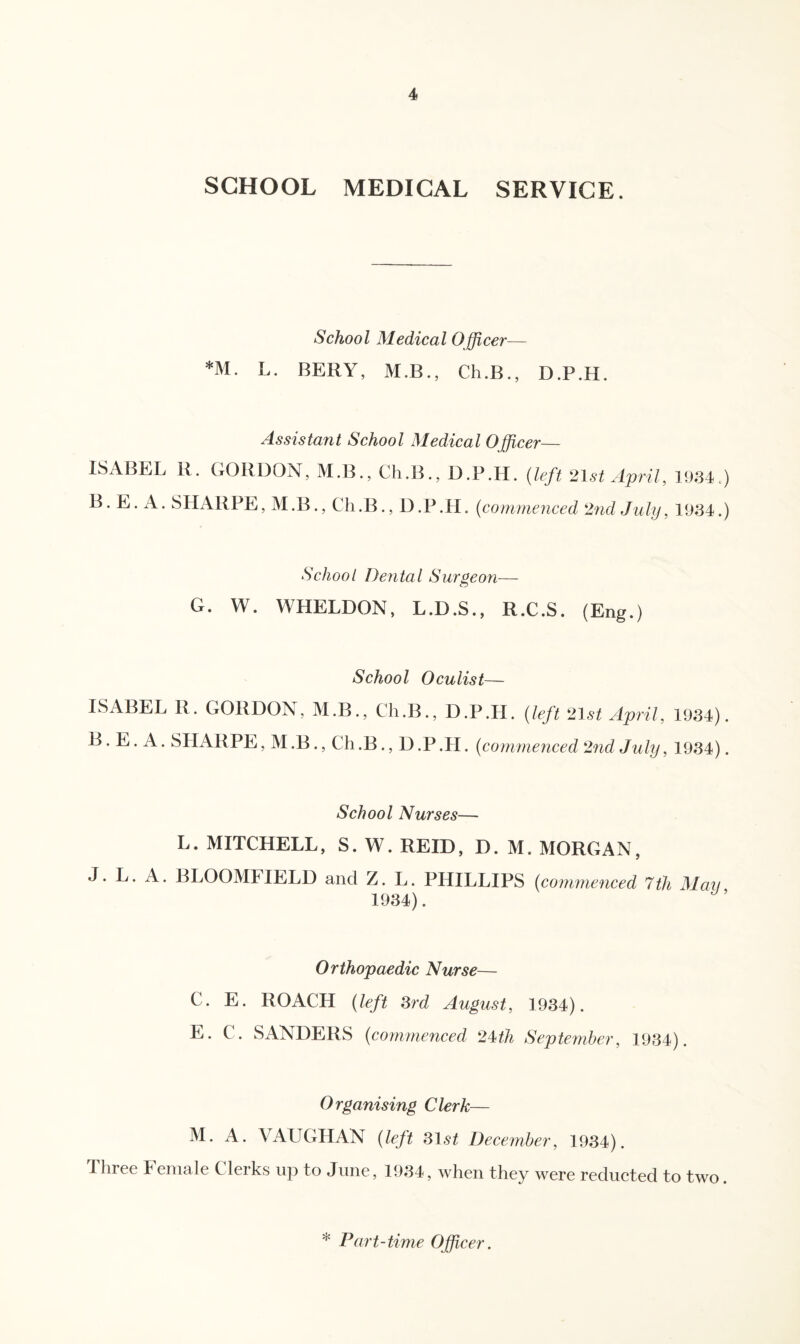 SCHOOL MEDICAL SERVICE. School Medical Officer— *M. L. BERY, M.B., Ch.B., D.P.H. Assistant School Medical Officer— ISABEL R. GORDON, M.B., Ch.B., D.P.H. (left 21st April, 1934.) B. E. A. SHARPE, M.B., Ch.B., D.P.H. (commenced 2nd July, 1934.) School Dental Surgeon— G. W. WHELDON, L.D.S., R.C.S. (Eng.) School Oculist— ISABEL R. GORDON, M.B., Ch.B., D.P.H. (left 21 st April, 1934). B. E. A. SHARPE, M .B., Ch.B., D.P.H. (commenced 2nd July, 1934). School Nurses— L. MITCHELL, S. W. REID, D. M. MORGAN, J. L. A. BLOOMFIELD and Z. L. PHILLIPS (commenced 7tli Man 1934). Orthopaedic Nurse— C. E. ROACH (left 3rd August, 1934). E. C. SANDERS (commenced 24th September, 1934). Organising Clerk— M. A. VAUGHAN (left 31 st December, 1934). Ihree I emale Clerks up to June, 1934, when they were reducted to two. * Part-time Officer.