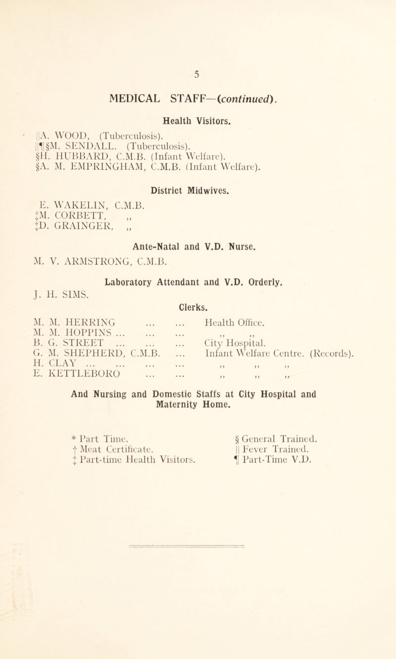 MEDICAL STAFF—(continued). Health Visitors. 11A. WOOD, (Tuberculosis). IHf §M. SEND ALL. (Tuberculosis). §H. HUBBARD, C.M.B. (Infant Welfare). §A. M. EMPRINGHAM, C.M.B. (Infant Welfare). District Midwives. E. WAKELIN, C.M.B. JM. CORBETT, JD. GRAINGER, „ Ante-Natal and V.B. Nurse. M. V. ARMSTRONG, C.M.B. Laboratory Attendant and V.B. Orderly. J. IT. SIMS. M. M. HERRING Clerks. Llealth Office. M. M. HOPPINS .. « ♦ ® J ) 5 ) B. G. STREET . « » e City Hospital. G. M. SHEPHERD, C.M.B. , , , Infant Welfare Centre. (Records). Id. CLAY ... « • « y y y y y y E. KETTLEBORO « • « y y yy yy And Nursing and Domestic Staffs at City Hospital and Maternity Home. * Part Time. § General Trained. Meat Certificate. || Fever Trained. I Part-time Health Visitors. If Part-Time V.D.