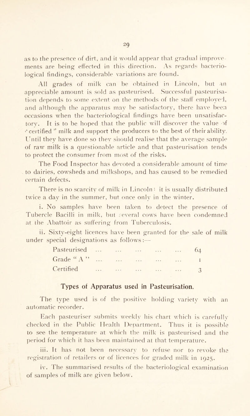 as to the presence of dirt, and it would appear that gradual improve ments are being effected in this direction. As regards bacterio¬ logical findings, considerable variations are found. All grades of milk can be obtained in Lincoln, but an appreciable amount is sold as pasteurised. Successful pasteurisa¬ tion depends to some extent on the methods of the staff employed, and although the apparatus may be satisfactory, there have been occasions when the bacteriological findings have been unsatisfac¬ tory. It is to be hoped that the public will discover the value of ‘‘certified ” milk and support the producers to the best of their ability. Until they have done so they should realise that the average sample of raw milk is a questionable article and that pasteurisation tends to protect the consumer from most of the risks. The Food Inspector has devoted a considerable amount of time to dairies, cowsheds and milkshops, and has caused to be remedied certain defects. There is no scarcity of milk in Lincoln ; it is usually distributed twice a day in the summer, but once only in the winter. i. No samples have been taken to detect the presence of Tubercle Bacilli in milk, but several cows have been condemned at the Abattoir as suffering from Tuberculosis. ii. Sixty-eight licences have been granted for the sale of milk under special designations as follows:—- Pasteurised ... ... ... ... ... 64 Grade “A”. 1 Certified ... ... ... ... ... 3 Types of Apparatus used in Pasteurisation. The type used is of the positive holding variety with an automatic recorder. Each pasteuriser submits weekly his chart which is carefully checked in the Public Health Department. Thus it is possible to see the temperature at which the milk is pasteurised and the period for which it has been maintained at that temperature. iii. It has not been necessary to refuse nor to revoke the registration of retailers or of licences for graded milk in 1925. iv. The summarised results of the bacteriological examination of samples of milk are given below.