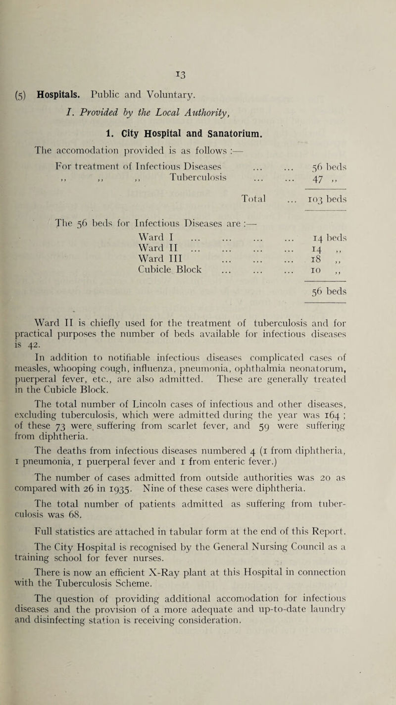 (5) Hospitals. Public and Voluntary. I. Provided by the Local Authority, 1. City Hospital and Sanatorium. The accomodation provided is as follows For treatment of Infectious Diseases ,, ,, ,, Tuberculosis 56 beds 47 » Total ... 103 beds The 56 beds for Infectious Diseases are :— Ward I Ward II . Ward III . Cubicle Block 14 beds 14 „ 18 ,, 10 ,, 56 beds Ward IT is chiefly used for the treatment of tuberculosis and for practical purposes the number of beds available for infectious diseases is 42. In addition to notifiable infectious diseases complicated cases of measles, whooping cough, influenza, pneumonia, ophthalmia neonatorum, puerperal fever, etc., are also admitted. These are generally treated in the Cubicle Block. The total number of Lincoln cases of infectious and other diseases, excluding tuberculosis, which were admitted during the year was 164 ; of these 73 were suffering from scarlet fever, and 59 were suffering from diphtheria. The deaths from infectious diseases numbered 4 (1 from diphtheria, 1 pneumonia, 1 puerperal fever and 1 from enteric fever.) The number of cases admitted from outside authorities was 20 as compared with 26 in 1935. Nine of these cases were diphtheria. The total number of patients admitted as suffering from tuber¬ culosis was 68. Full statistics are attached in tabular form at the end of this Report. The City Hospital is recognised by the General Nursing Council as a training school for fever nurses. There is now an efficient X-Ray plant at this Hospital in connection with the Tuberculosis Scheme. The question of providing additional accomodation for infectious diseases and the provision of a more adequate and up-to-date laundry and disinfecting station is receiving consideration.
