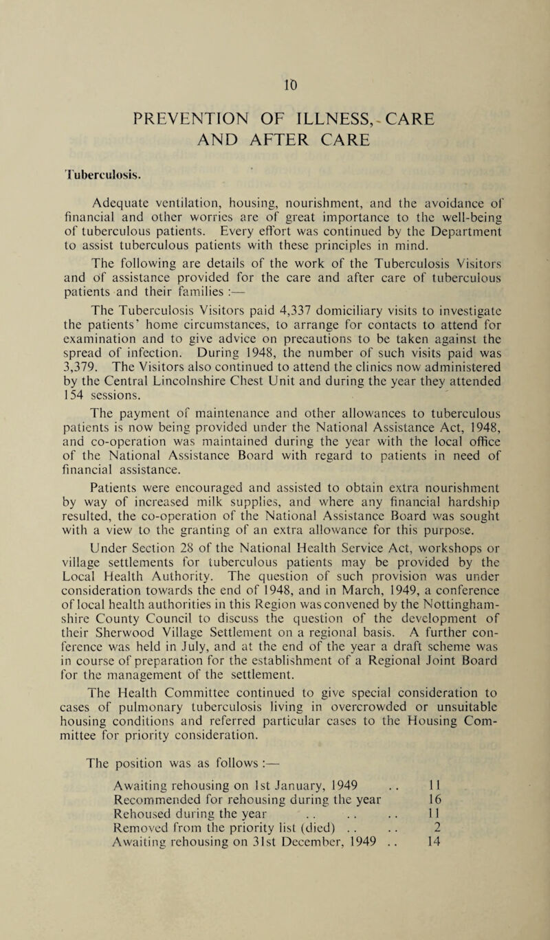 PREVENTION OF ILLNESS,-CARE AND AFTER CARE Tuberculosis. Adequate ventilation, housing, nourishment, and the avoidance of financial and other worries are of great importance to the well-being of tuberculous patients. Every effort was continued by the Department to assist tuberculous patients with these principles in mind. The following are details of the work of the Tuberculosis Visitors and Of assistance provided for the care and after care of tuberculous patients and their families :— The Tuberculosis Visitors paid 4,337 domiciliary visits to investigate the patients’ home circumstances, to arrange for contacts to attend for examination and to give advice on precautions to be taken against the spread of infection. During 1948, the number of such visits paid was 3,379. The Visitors also continued to attend the clinics now administered by the Central Lincolnshire Chest Unit and during the year they attended 154 sessions. The payment of maintenance and other allowances to tuberculous patients is now being provided under the National Assistance Act, 1948, and co-operation was maintained during the year with the local office of the National Assistance Board with regard to patients in need of financial assistance. Patients were encouraged and assisted to obtain extra nourishment by way of increased milk supplies, and where any financial hardship resulted, the co-operation of the National Assistance Board was sought with a view to the granting of an extra allowance for this purpose. Under Section 28 of the National Health Service Act, workshops or village settlements for tuberculous patients may be provided by the Local Health Authority. The question of such provision was under consideration towards the end of 1948, and in March, 1949, a conference of local health authorities in this Region was convened by the Nottingham¬ shire County Council to discuss the question of the development of their Sherwood Village Settlement on a regional basis. A further con¬ ference was held in July, and at the end of the year a draft scheme was in course of preparation for the establishment of a Regional Joint Board for the management of the settlement. The Health Committee continued to give special consideration to cases of pulmonary tuberculosis living in overcrowded or unsuitable housing conditions and referred particular cases to the Housing Com¬ mittee for priority consideration. The position was as follows :— Awaiting rehousing on 1st January, 1949 Recommended for rehousing during the year Rehoused during the year Removed from the priority list (died) Awaiting rehousing on 31st December, 1949 .. 14 11 16 11 2