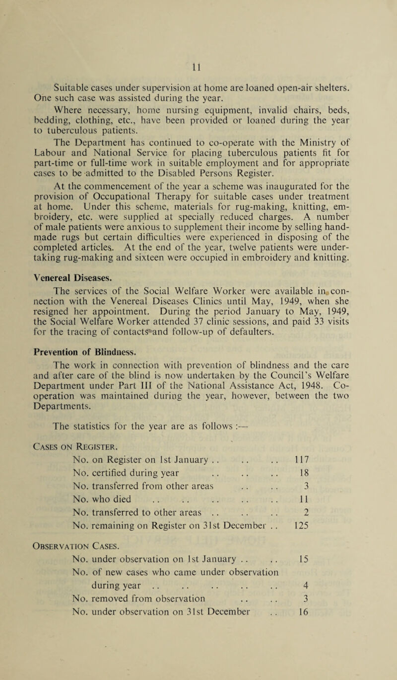 Suitable cases under supervision at home are loaned open-air shelters. One such case was assisted during the year. Where necessary, home nursing equipment, invalid chairs, beds, bedding, clothing, etc., have been provided or loaned during the year to tuberculous patients. The Department has continued to co-operate with the Ministry of Labour and National Service for placing tuberculous patients fit for part-time or full-time work in suitable employment and for appropriate cases to be admitted to the Disabled Persons Register. At the commencement of the year a scheme was inaugurated for the provision of Occupational Therapy for suitable cases under treatment at home. Under this scheme, materials for rug-making, knitting, em¬ broidery, etc. were supplied at specially reduced charges. A number of male patients were anxious to supplement their income by selling hand¬ made rugs but certain difficulties were experienced in disposing of the completed articles. At the end of the year, twelve patients were under¬ taking rug-making and sixteen were occupied in embroidery and knitting. Venereal Diseases. The services of the Social Welfare Worker were available in, con¬ nection with the Venereal Diseases Clinics until May, 1949, when she resigned her appointment. During the period January to May, 1949, the Social Welfare Worker attended 37 clinic sessions, and paid 33 visits for the tracing of contacts’and follow-up of defaulters. Prevention of Blindness. The work in connection with prevention of blindness and the care and after care of the blind is now undertaken by the Council’s Welfare Department under Part III of the National Assistance Act, 1948. Co¬ operation was maintained during the year, however, between the two Departments. The statistics for the year are as follows:— Cases on Register. No. on Register on 1st January No. certified during year No. transferred from other areas No. who died No. transferred to other areas No. remaining on Register on 31st December 117 18 3 11 2 125 Observation Cases. No. under observation on 1st January No. of new cases who came under observation 15 during year No. removed from observation No. under observation on 31st December 4 3 16