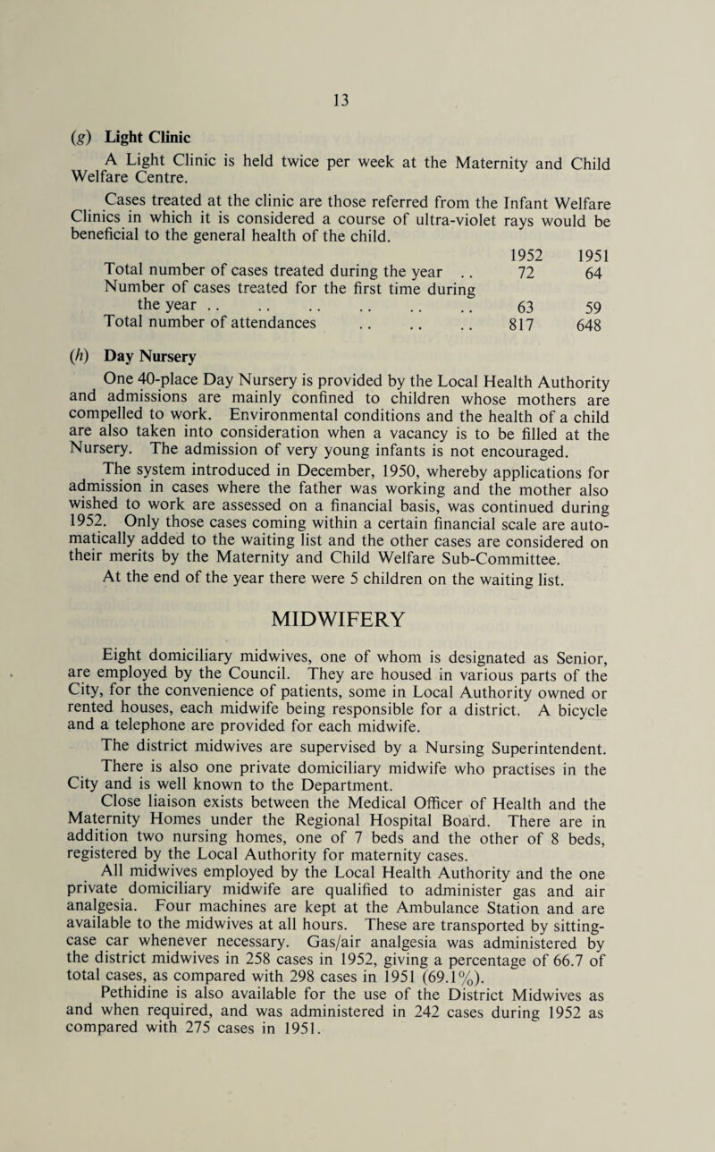 (g) Light Clinic A Light Clinic is held twice per week at the Maternity and Child Welfare Centre. Cases treated at the clinic are those referred from the Infant Welfare Clinics in which it is considered a course of ultra-violet rays would be beneficial to the general health of the child. 1952 1951 Total number of cases treated during the year .. 72 64 Number of cases treated for the first time during the year. 63 59 Total number of attendances . 817 648 (h) Day Nursery One 40-place Day Nursery is provided by the Local Health Authority and admissions are mainly confined to children whose mothers are compelled to work. Environmental conditions and the health of a child are also taken into consideration when a vacancy is to be filled at the Nursery. The admission of very young infants is not encouraged. The system introduced in December, 1950, whereby applications for admission in cases where the father was working and the mother also wished to work are assessed on a financial basis, was continued during 1952. Only those cases coming within a certain financial scale are auto¬ matically added to the waiting list and the other cases are considered on their merits by the Maternity and Child Welfare Sub-Committee. At the end of the year there were 5 children on the waiting list. MIDWIFERY Eight domiciliary midwives, one of whom is designated as Senior, are employed by the Council. They are housed in various parts of the City, for the convenience of patients, some in Local Authority owned or rented houses, each midwife being responsible for a district. A bicycle and a telephone are provided for each midwife. The district midwives are supervised by a Nursing Superintendent. There is also one private domiciliary midwife who practises in the City and is well known to the Department. Close liaison exists between the Medical Officer of Health and the Maternity Homes under the Regional Hospital Board. There are in addition two nursing homes, one of 7 beds and the other of 8 beds, registered by the Local Authority for maternity cases. All midwives employed by the Local Health Authority and the one private domiciliary midwife are qualified to administer gas and air analgesia. Four machines are kept at the Ambulance Station and are available to the midwives at all hours. These are transported by sitting- case car whenever necessary. Gas/air analgesia was administered by the district midwives in 258 cases in 1952, giving a percentage of 66.7 of total cases, as compared with 298 cases in 1951 (69.1%). Pethidine is also available for the use of the District Midwives as and when required, and was administered in 242 cases during 1952 as compared with 275 cases in 1951.