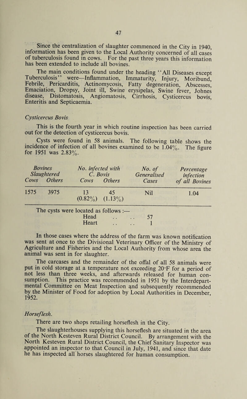 Since the centralization of slaughter commenced in the City in 1940, information has been given to the Local Authority concerned of all cases of tuberculosis found in cows. For the past three years this information has been extended to include all bovines. The main conditions found under the heading “All Diseases except Tuberculosis” were—Inflammation, Immaturity, Injury, Moribund, Febrile, Pericarditis, Actinomycosis, Fatty degeneration. Abscesses’, Emaciation, Dropsy, Joint ill, Swine erysipelas, Swine fever, Johnes disease, Distomatosis, Angiomatosis, Cirrhosis, Cysticercus bovis, Enteritis and Septicaemia. Cysticercus Bovis This is the fourth year in which routine inspection has been carried out for the detection of cysticercus bovis. Cysts were found in 58 animals. The following table shows the incidence of infection of all bovines examined to be 1.04%. The figure for 1951 was 2.83%. Bovines No. infected with No. of Percentage Slaughtered C. Bovis Generalised infection Cows Others Cows Others Cases of all Bovines 1575 3975 13 45 Nil 1 04 (0.82%) (1.13%) The cysts were located as follows:— Head .. .. 57 Heart .. .. 1 In those cases where the address of the farm was known notification was sent at once to the Divisional Veterinary Officer of the Ministry of Agriculture and Fisheries and the Local Authority from whose area the animal was sent in for slaughter. The carcases and the remainder of the offal of all 58 animals were put in cold storage at a temperature not exceeding 20°F for a period of not less than three weeks, and afterwards released for human con¬ sumption. This practice was recommended in 1951 by the Interdepart¬ mental Committee on Meat Inspection qnd subsequently recommended by the Minister of Food for adoption by Local Authorities in December, 1952. Horseflesh. There are two shops retailing horseflesh in the City. The slaughterhouses supplying this horseflesh are situated in the area of the North Kesteven Rural District Council. By arrangement with the North Kesteven Rural District Council, the Chief Sanitary Inspector was appointed an inspector to that Council in July, 1941, and since that date he has inspected all horses slaughtered for human consumption.