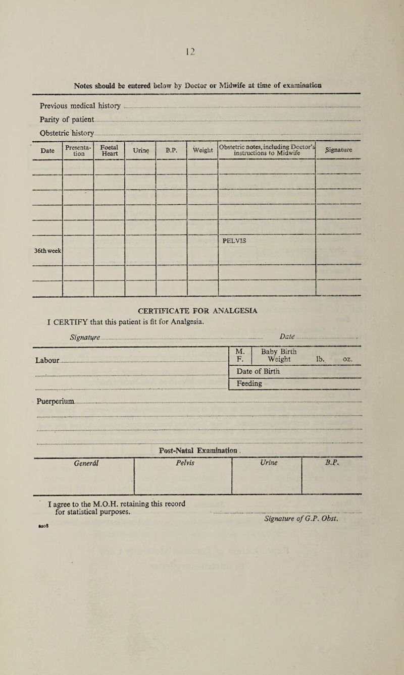 Notes should be entered below by Doctor or Midwife at time of examination Previous medical history Parity of patient Obstetric history. Date Presenta¬ tion Foetal Heart Urine B.P. Weight Obstetric notes, including Doctor's instructions to Midwife Signature 36th week PELVIS CERTIFICATE FOR ANALGESIA I CERTIFY that this patient is fit for Analgesia. Signature. Date Labour. M. F. Baby Birth Weight lb. oz. Date of Birth Feeding Puerperium Post-Natal Examination ftao4 I agree to the M.O.H. retaining this record for statistical purposes. Signature of G.P. Obst.