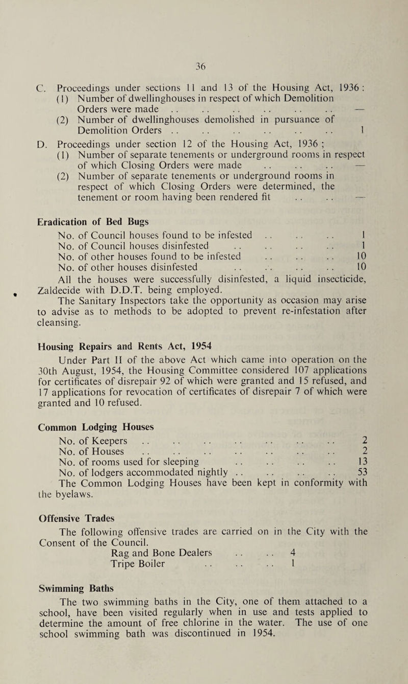 C. Proceedings under sections li and 13 of the Housing Act, 1936: (1) Number of dvvellinghouses in respect of which Demolition Orders were made (2) Number of dwellinghouses demolished in pursuance of Demolition Orders . . . . .. .. . . . . 1 D. Proceedings under section 12 of the Housing Act, 1936 ; (1) Number of separate tenements or underground rooms in respect of which Closing Orders were made (2) Number of separate tenements or underground rooms in respect of which Closing Orders were determined, the tenement or room having been rendered fit Eradication of Bed Bugs No. of Council houses found to be infested .. .. .. 1 No. of Council houses disinfested .. .. . . . . 1 No. of other houses found to be infested .. .. .. 10 No. of other houses disinfested .. .. . . . . 10 Ail the houses were successfully disinfested, a liquid insecticide, Zaldecide with D.D.T. being employed. The Sanitary Inspectors take the opportunity as occasion may arise to advise as to methods to be adopted to prevent re-infestation after cleansing. Housing Repairs and Rents Act, 1954 Under Part II of the above Act which came into operation on the 30th August, 1954, the Housing Committee considered 107 applications for certificates of disrepair 92 of which were granted and 15 refused, and 17 applications for revocation of certificates of disrepair 7 of which were granted and 10 refused. Common Lodging Houses No. of Keepers . . .. . . .. .. . . .. 2 No. of Houses .. .. .. . . .. .. .. 2 No. of rooms used for sleeping .. .. .. .. 13 No. of lodgers accommodated nightly .. . . . . .. 53 The Common Lodging Houses have been kept in conformity with l he byelaws. Offensive Trades The following offensive trades are carried on in the City with the Consent of the Council. Rag and Bone Dealers . . .. 4 Tripe Boiler . . .. .. 1 Swimming Baths The two swimming baths in the City, one of them attached to a school, have been visited regularly when in use and tests applied to determine the amount of free chlorine in the water. The use of one school swimming bath was discontinued in 1954.