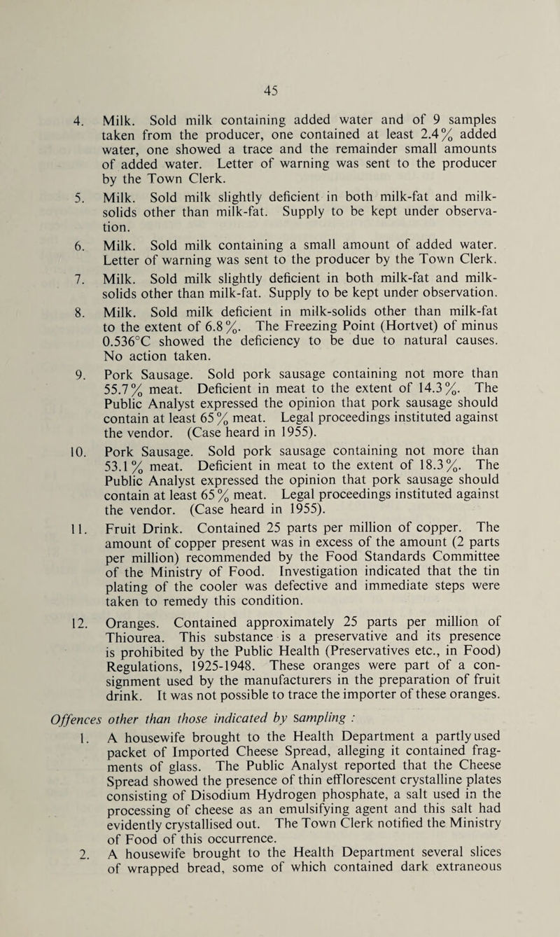 4. Milk. Sold milk containing added water and of 9 samples taken from the producer, one contained at least 2.4% added water, one showed a trace and the remainder small amounts of added water. Letter of warning was sent to the producer by the Town Clerk. 5. Milk. Sold milk slightly deficient in both milk-fat and milk- solids other than milk-fat. Supply to be kept under observa¬ tion. 6. Milk. Sold milk containing a small amount of added water. Letter of warning was sent to the producer by the Town Clerk. 7. Milk. Sold milk slightly deficient in both milk-fat and milk- solids other than milk-fat. Supply to be kept under observation. 8. Milk. Sold milk deficient in milk-solids other than milk-fat to the extent of 6.8%. The Freezing Point (Hortvet) of minus 0.536°C showed the deficiency to be due to natural causes. No action taken. 9. Pork Sausage. Sold pork sausage containing not more than 55.7% meat. Deficient in meat to the extent of 14.3%. The Public Analyst expressed the opinion that pork sausage should contain at least 65 % meat. Legal proceedings instituted against the vendor. (Case heard in 1955). 10. Pork Sausage. Sold pork sausage containing not more than 53.1% meat. Deficient in meat to the extent of 18.3%. The Public Analyst expressed the opinion that pork sausage should contain at least 65 % meat. Legal proceedings instituted against the vendor. (Case heard in 1955). 11. Fruit Drink. Contained 25 parts per million of copper. The amount of copper present was in excess of the amount (2 parts per million) recommended by the Food Standards Committee of the Ministry of Food. Investigation indicated that the tin plating of the cooler was defective and immediate steps were taken to remedy this condition. 12. Oranges. Contained approximately 25 parts per million of Thiourea. This substance is a preservative and its presence is prohibited by the Public Health (Preservatives etc., in Food) Regulations, 1925-1948. These oranges were part of a con¬ signment used by the manufacturers in the preparation of fruit drink. It was not possible to trace the importer of these oranges. Offences other than those indicated by sampling : 1. A housewife brought to the Health Department a partly used packet of Imported Cheese Spread, alleging it contained frag¬ ments of glass. The Public Analyst reported that the Cheese Spread showed the presence of thin efflorescent crystalline plates consisting of Disodium Hydrogen phosphate, a salt used in the processing of cheese as an emulsifying agent and this salt had evidently crystallised out. The Town Clerk notified the Ministry of Food of this occurrence. 2. A housewife brought to the Health Department several slices of wrapped bread, some of which contained dark extraneous