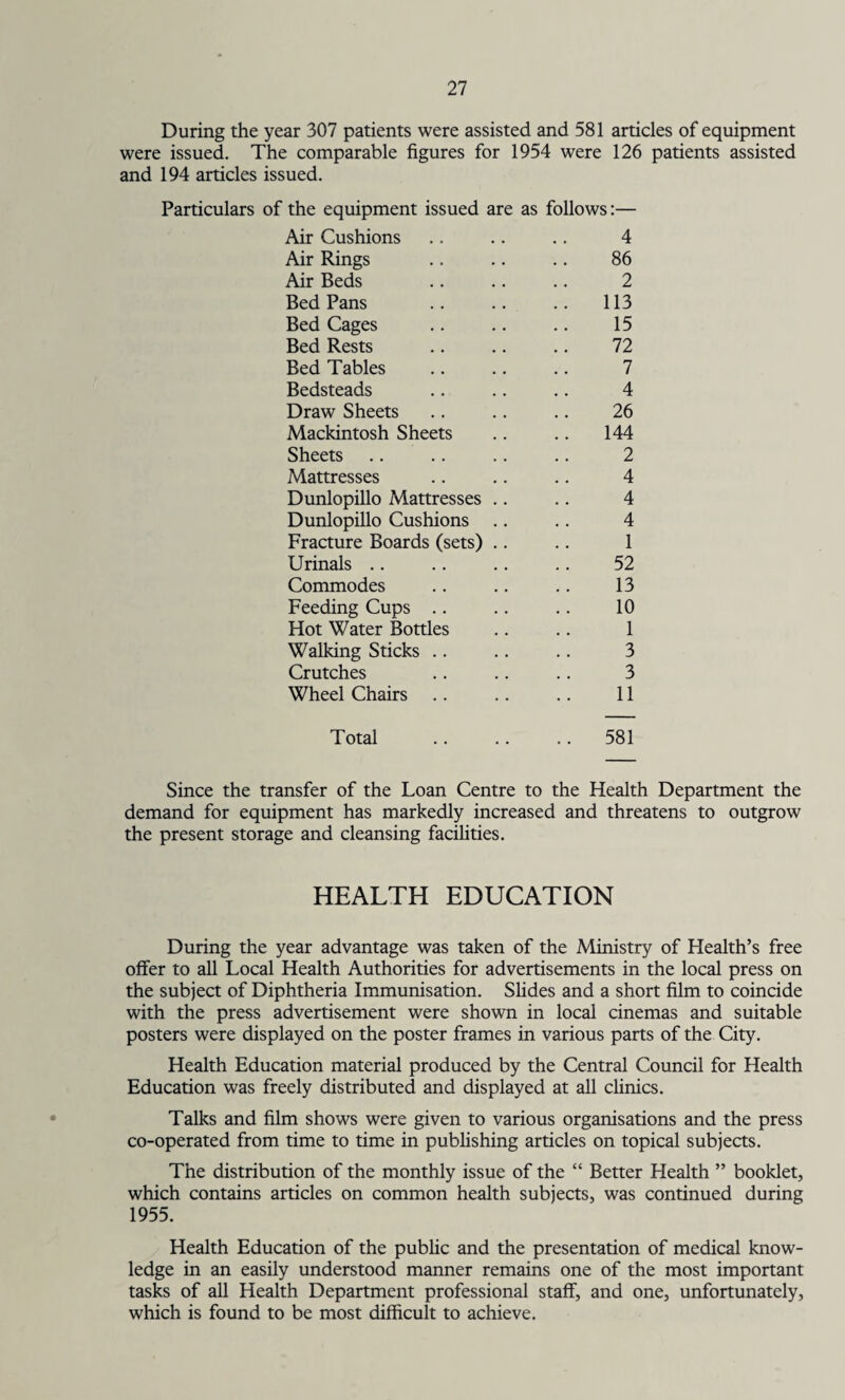 During the year 307 patients were assisted and 581 articles of equipment were issued. The comparable figures for 1954 were 126 patients assisted and 194 articles issued. Particulars of the equipment issued are as follows:— Air Cushions 4 Air Rings 86 Air Beds 2 Bed Pans 113 Bed Cages 15 Bed Rests 72 Bed Tables 7 Bedsteads 4 Draw Sheets 26 Mackintosh Sheets 144 Sheets 2 Mattresses 4 Dunlopillo Mattresses .. 4 Dunlopillo Cushions .. 4 Fracture Boards (sets) .. 1 Urinals 52 Commodes 13 Feeding Cups 10 Hot Water Bottles 1 Walking Sticks 3 Crutches 3 Wheel Chairs 11 Total .. 581 Since the transfer of the Loan Centre to the Health Department the demand for equipment has markedly increased and threatens to outgrow the present storage and cleansing facilities. HEALTH EDUCATION During the year advantage was taken of the Ministry of Health’s free offer to all Local Health Authorities for advertisements in the local press on the subject of Diphtheria Immunisation. Slides and a short film to coincide with the press advertisement were shown in local cinemas and suitable posters were displayed on the poster frames in various parts of the City. Health Education material produced by the Central Council for Health Education was freely distributed and displayed at all clinics. Talks and film shows were given to various organisations and the press co-operated from time to time in publishing articles on topical subjects. The distribution of the monthly issue of the “ Better Health ” booklet, which contains articles on common health subjects, was continued during 1955. Health Education of the public and the presentation of medical know¬ ledge in an easily understood manner remains one of the most important tasks of all Health Department professional staff, and one, unfortunately, which is found to be most difficult to achieve.