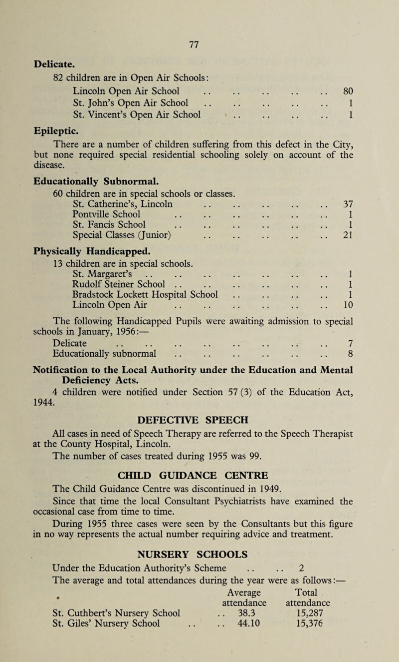 Delicate. 82 children are in Open Air Schools: Lincoln Open Air School .. .. .. .. .. 80 St. John’s Open Air School .. .. .. .. .. 1 St. Vincent’s Open Air School .. .. .. .. 1 Epileptic. There are a number of children suffering from this defect in the City, but none required special residential schooling solely on account of the disease. Educationally Subnormal. 60 children are in special schools or classes St. Catherine’s, Lincoln Pontville School St. Fancis School Special Classes (Junior) 37 1 1 21 Physically Handicapped. 13 children are in special schools. St. Margaret’s .. .. .. .. .. .. .. 1 Rudolf Steiner School .. .. .. .. .. .. 1 Bradstock Lockett Hospital School .. .. .. .. 1 Lincoln Open Air .. .. .. .. .. .. 10 The following Handicapped Pupils were awaiting admission to special schools in January, 1956:— Delicate .. .. .. .. .. .. .. .. 7 Educationally subnormal .. .. .. .. .. .. 8 Notification to the Local Authority under the Education and Mental Deficiency Acts. 4 children were notified under Section 57 (3) of the Education Act, 1944. DEFECTIVE SPEECH All cases in need of Speech Therapy are referred to the Speech Therapist at the County Hospital, Lincoln. The number of cases treated during 1955 was 99. CHILD GUIDANCE CENTRE The Child Guidance Centre was discontinued in 1949. Since that time the local Consultant Psychiatrists have examined the occasional case from time to time. During 1955 three cases were seen by the Consultants but this figure in no way represents the actual number requiring advice and treatment. NURSERY SCHOOLS Under the Education Authority’s Scheme .. .. 2 The average and total attendances during the year were as follows:— Average Total attendance attendance St. Cuthbert’s Nursery School .. 38.3 15,287 St. Giles’Nursery School .. .. 44.10 15,376