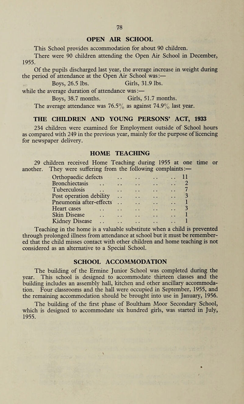 OPEN AIR SCHOOL This School provides accommodation for about 90 children. There were 90 children attending the Open Air School in December, 1955. Of the pupils discharged last year, the average increase in weight during the period of attendance at the Open Air School was:— Boys, 26.5 lbs. Girls, 31.9 lbs. while the average duration of attendance was:— Boys, 38.7 months. Girls, 51.7 months. The average attendance was 76.5% as against 74.9% last year. THE CHILDREN AND YOUNG PERSONS’ ACT, 1933 234 children were examined for Employment outside of School hours as compared with 249 in the previous year, mainly for the purpose of licencing for newspaper delivery. HOME TEACHING 29 children received Home Teaching during 1955 at one time or another. They were suffering from the following complaints:— Orthopaedic defects .. .. .. .. 11 Bronchiectasis .. .. .. .. .. 2 Tuberculosis .. .. .. .. .. 7 Post operation debility .. .. .. .. 3 Pneumonia after-effects .. .. .. .. 1 Heart cases .. .. .. .. .. 3 Skin Disease .. .. .. .. .. 1 Kidney Disease .. .. .. .. .. 1 Teaching in the home is a valuable substitute when a child is prevented through prolonged illness from attendance at school but it must be remember¬ ed that the child misses contact with other children and home teaching is not considered as an alternative to a Special School. SCHOOL ACCOMMODATION The building of the Ermine Junior School was completed during the year. This school is designed to accommodate thirteen classes and the building includes an assembly hall, kitchen and other ancillary accommoda¬ tion. Four classrooms and the hall were occupied in September, 1955, and the remaining accommodation should be brought into use in January, 1956. The building of the first phase of Boultham Moor Secondary School, which is designed to accommodate six hundred girls, was started in July, 1955. V