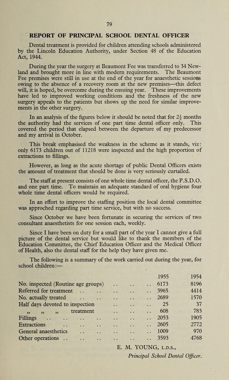 REPORT OF PRINCIPAL SCHOOL DENTAL OFFICER Dental treatment is provided for children attending schools administered by the Lincoln Education Authority, under Section 48 of the Education Act, 1944. During the year the surgery at Beaumont Fee was transferred to 34 New- land and brought more in line with modern requirements. The Beaumont Fee premises were still in use at the end of the year for anaesthetic sessions owing to the absence of a recovery room at the new premises—this defect will, it is hoped, be overcome during the ensuing year. These improvements have led to improved working conditions and the freshness of the new surgery appeals to the patients but shows up the need for similar improve¬ ments in the other surgery. In an analysis of the figures below it should be noted that for 2| months the authority had the services of one part time dental officer only. This covered the period that elapsed between the departure of my predecessor and my arrival in October. This break emphasised the weakness in the scheme as it stands, viz: only 6173 children out of 11218 were inspected and the high proportion of extractions to fillings. However, as long as the acute shortage of public Dental Officers exists the amount of treatment that should be done is very seriously curtailed. The staff at present consists of one whole time dental officer, the P.S.D.O. and one part time. To maintain an adequate standard of oral hygiene four whole time dental officers would be required. In an effort to improve the staffing position the local dental committee was approched regarding part time service, but with no success. Since October we have been fortunate in securing the services of two consultant anaesthetists for one session each, weekly. Since I have been on duty for a small part of the year I cannot give a full picture of the dental service but would like to thank the members of the Education Committee, the Chief Education Officer and the Medical Officer of Health, also the dental staff for the help they have given me. The following is a summary of the work carried out during the year, for school children:— 1955 1954 No. inspected (Routine age groups) .. 6173 8196 Referred for treatment .. 3965 4414 No. actually treated .. 2689 1570 Half days devoted to inspection 25 37 „ ,, „ treatment .. 608 783 Fillings .. 2053 1905 Extractions .. 2605 2772 General anaesthetics .. 1009 970 Other operations .. .. 3593 4768 E. M. YOUNG, l.d.s., Principal School Dental Officer.