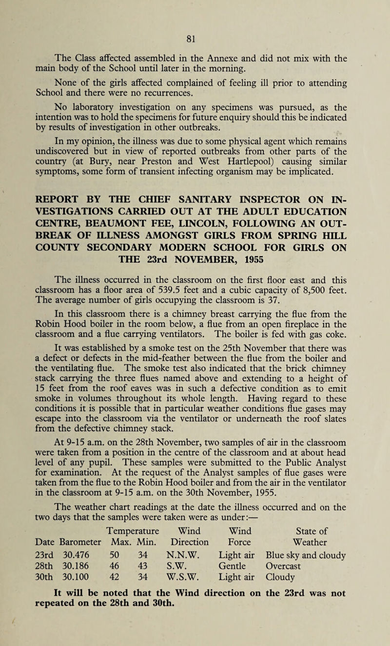 The Class affected assembled in the Annexe and did not mix with the main body of the School until later in the morning. None of the girls affected complained of feeling ill prior to attending School and there were no recurrences. No laboratory investigation on any specimens was pursued, as the intention was to hold the specimens for future enquiry should this be indicated by results of investigation in other outbreaks. In my opinion, the illness was due to some physical agent which remains undiscovered but in view of reported outbreaks from other parts of the country (at Bury, near Preston and West Hartlepool) causing similar symptoms, some form of transient infecting organism may be implicated. REPORT BY THE CHIEF SANITARY INSPECTOR ON IN¬ VESTIGATIONS CARRIED OUT AT THE ADULT EDUCATION CENTRE, BEAUMONT FEE, LINCOLN, FOLLOWING AN OUT¬ BREAK OF ILLNESS AMONGST GIRLS FROM SPRING HILL COUNTY SECONDARY MODERN SCHOOL FOR GIRLS ON THE 23rd NOVEMBER, 1955 The illness occurred in the classroom on the first floor east and this classroom has a floor area of 539.5 feet and a cubic capacity of 8,500 feet. The average number of girls occupying the classroom is 37. In this classroom there is a chimney breast carrying the flue from the Robin Hood boiler in the room below, a flue from an open fireplace in the classroom and a flue carrying ventilators. The boiler is fed with gas coke. It was established by a smoke test on the 25th November that there was a defect or defects in the mid-feather between the flue from the boiler and the ventilating flue. The smoke test also indicated that the brick chimney stack carrying the three flues named above and extending to a height of 15 feet from the roof eaves was in such a defective condition as to emit smoke in volumes throughout its whole length. Having regard to these conditions it is possible that in particular weather conditions flue gases may escape into the classroom via the ventilator or underneath the roof slates from the defective chimney stack. At 9-15 a.m. on the 28th November, two samples of air in the classroom were taken from a position in the centre of the classroom and at about head level of any pupil. These samples were submitted to the Public Analyst for examination. At the request of the Analyst samples of flue gases were taken from the flue to the Robin Hood boiler and from the air in the ventilator in the classroom at 9-15 a.m. on the 30th November, 1955. The weather chart readings at the date the illness occurred and on the two days that the samples were taken were as under:— Temperature Wind Wind State of Date Barometer Max. Min. Direction Force Weather 23rd 30.476 50 34 N.N.W. Light air Blue sky and cloudy 28th 30.186 46 43 s.w. Gentle Overcast 30th 30.100 42 34 w.s.w. Light air Cloudy It will be noted that the Wind direction on the 23rd was not repeated on the 28th and 30th.