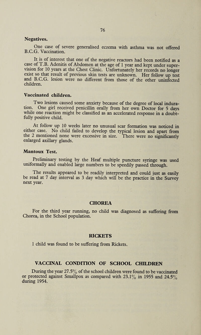 Negatives. One case of severe generalised eczema with asthma was not offered B.C.G. Vaccination. It is of interest that one of the negative reactors had been notified as a case of T.B. Adenitis of Abdomen at the age of 1 year and kept under super¬ vision for 10 years at the Chest Clinic. Unfortunately her records no longer exist so that result of previous skin tests are unknown. Her follow up test and B.C.G. lesion were no different from those of the other uninfected children. Vaccinated children. Two lesions caused some anxiety because of the degree of local indura¬ tion. One girl received penicillin orally from her own Doctor for 5 days while one reaction might be classified as an accelerated response in a doubt¬ fully positive child. At follow up 10 weeks later no unusual scar formation was noticed in either case. No child failed to develop the typical lesion and apart from the 2 mentioned none were excessive in size. There were no significantly enlarged axillary glands. Mantoux Test. Preliminary testing by the Heaf multiple puncture syringe was used uniformally and enabled large numbers to be speedily passed through. The results appeared to be readily interpreted and could just as easily be read at 7 day interval as 3 day which will be the practice in the Survey next year. CHOREA For the third year running, no child was diagnosed as suffering from Chorea, in the School population. RICKETS 1 child was found to be suffering from Rickets. VACCINAL CONDITION OF SCHOOL CHILDREN During the year 27.5% of the school children were found to be vaccinated or protected against Smallpox as compared with 23.1% in 1955 and 24.5% during 1954.