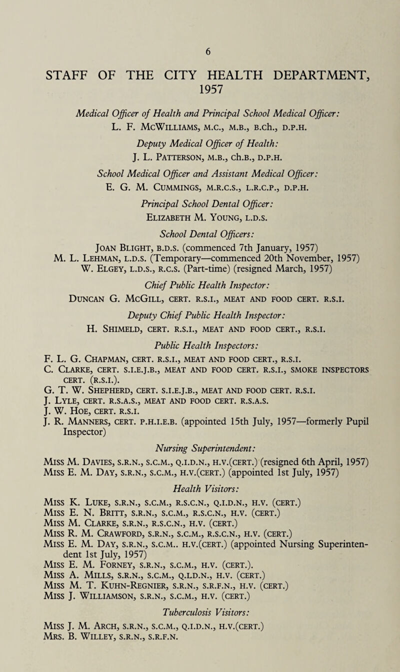 STAFF OF THE CITY HEALTH DEPARTMENT, 1957 Medical Officer of Health and Principal School Medical Officer: L. F. McWilliams, m.c., m.b., B.ch., d.p.h. Deputy Medical Officer of Health: J. L. Patterson, m.b., ch.B., d.p.h. School Medical Officer and Assistant Medical Officer: E. G. M. Cummings, m.r.c.s., l.r.c.p., d.p.h. Principal School Dental Officer: Elizabeth M. Young, l.d.s. School Dental Officers: Joan Blight, b.d.s. (commenced 7th January, 1957) M. L. Lehman, l.d.s. (Temporary—commenced 20th November, 1957) W. Elgey, l.d.s., r.c.s. (Part-time) (resigned March, 1957) Chief Public Health Inspector: Duncan G. McGill, cert, r.s.i., meat and food cert, r.s.i. Deputy Chief Public Health Inspector: H. Shimeld, cert, r.s.i., meat and food cert., r.s.i. Public Health Inspectors: F. L. G. Chapman, cert, r.s.i., meat and food cert., r.s.i. C. Clarke, cert, s.i.e.j.b., meat and food cert, r.s.i., smoke inspectors CERT. (R.S.I.). G. T. W. Shepherd, cert, s.i.e.j.b., meat and food cert, r.s.i. J. Lyle, cert, r.s.a.s., meat and food cert, r.s.a.s. J. W. Hoe, cert, r.s.i. J. R. Manners, cert, p.h.i.e.b. (appointed 15th July, 1957—formerly Pupil Inspector) Nursing Superintendent: Miss M. Davies, s.r.n., s.c.m., q.i.d.n., h.v.(cert.) (resigned 6th April, 1957) Miss E. M. Day, s.r.n., s.c.m., h.v.(cert.) (appointed 1st July, 1957) Health Visitors: Miss K. Luke, s.r.n., s.c.m., r.s.c.n., q.i.d.n., h.v. (cert.) Miss E. N. Britt, s.r.n., s.c.m., r.s.c.n., h.v. (cert.) Miss M. Clarke, s.r.n., r.s.c.n., h.v. (cert.) Miss R. M. Crawford, s.r.n., s.c.m., r.s.c.n., h.v. (cert.) Miss E. M. Day, s.r.n., s.c.m.. h.v.(cert.) (appointed Nursing Superinten¬ dent 1st July, 1957) Miss E. M. Forney, s.r.n., s.c.m., h.v. (cert.). Miss A. Mills, s.r.n., s.c.m., q.ld.n., h.v. (cert.) Miss M. T. Kuhn-Regnier, s.r.n., s.r.f.n., h.v. (cert.) Miss J. Williamson, s.r.n., s.c.m., h.v. (cert.) Tuberculosis Visitors: Miss J. M. Arch, s.r.n., s.c.m., q.i.d.n., h.v.(cert.) Mrs. B. Willey, s.r.n., s.r.f.n.
