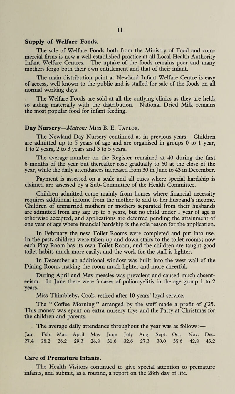 Supply of Welfare Foods. The sale of Welfare Foods both from the Ministry of Food and com¬ mercial firms is now a well established practice at all Local Health Authority Infant Welfare Centres. The uptake of the foods remains poor and many mothers forgo both their own entitlement and that of their infant. The main distribution point at Newland Infant Welfare Centre is easy of access, well known to the public and is staffed for sale of the foods on all normal working days. The Welfare Foods are sold at all the outlying clinics as they are held, so aiding materially with the distribution. National Dried Milk remains the most popular food for infant feeding. Day Nursery—Matron: Miss B. E. Taylor. The Newland Day Nursery continued as in previous years. Children are admitted up to 5 years of age and are organised in groups 0 to 1 year, 1 to 2 years, 2 to 3 years and 3 to 5 years. The average number on the Register remained at 40 during the first 6 months of the year but thereafter rose gradually to 60 at the close of the year, while the daily attendances increased from 30 in June to 43 in December. Payment is assessed on a scale and all cases where special hardship is claimed are assessed by a Sub-Committee of the Health Committee. Children admitted come mainly from homes where financial necessity requires additional income from the mother to add to her husband’s income. Children of unmarried mothers or mothers separated from their husbands are admitted from any age up to 5 years, but no child under 1 year of age is otherwise accepted, and applications are deferred pending the attainment of one year of age where financial hardship is the sole reason for the application. In February the new Toilet Rooms were completed and put into use. In the past, children were taken up and down stairs to the toilet rooms; now each Play Room has its own Toilet Room, and the children are taught good toilet habits much more easily, and the work for the staff is lighter. In December an additional window was built into the west wall of the Dining Room, making the room much lighter and more cheerful. During April and May measles was prevalent and caused much absent¬ eeism. In June there were 3 cases of poliomyelitis in the age group 1 to 2 years. Miss Thimbleby, Cook, retired after 10 years’ loyal service. The “ Coffee Morning ” arranged by the staff made a profit of £25. This money was spent on extra nursery toys and the Party at Christmas for the children and parents. The average daily attendance throughout the year was as follows:— Jan. Feb. Mar. April May June July Aug. Sept. Oct. Nov. Dec. 27.4 28.2 26.2 29.3 24.8 31.6 32.6 27.3 30.0 35.6 42.8 43.2 Care of Premature Infants. The Health Visitors continued to give special attention to premature infants, and submit, as a routine, a report on the 28th day of life.
