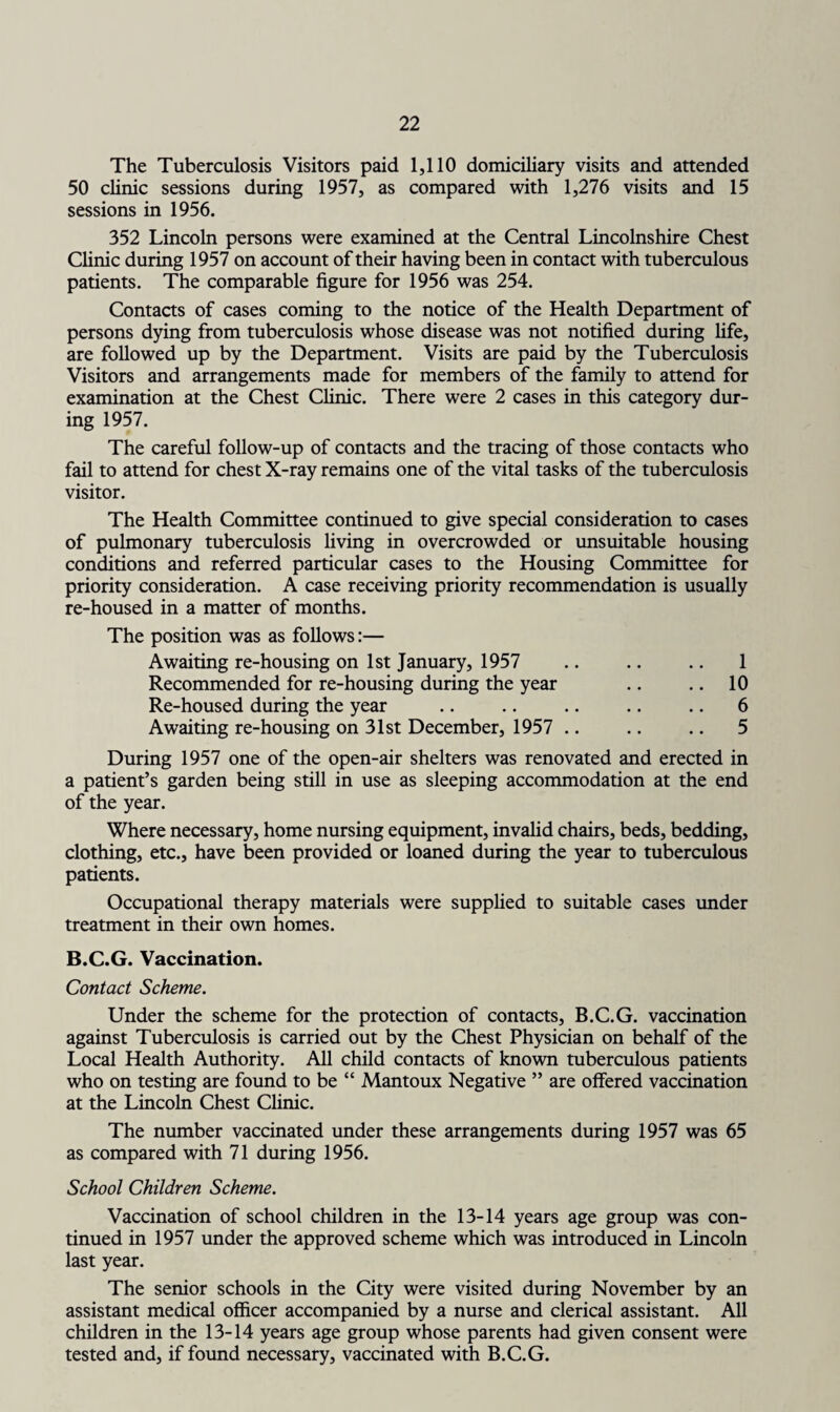 The Tuberculosis Visitors paid 1,110 domiciliary visits and attended 50 clinic sessions during 1957, as compared with 1,276 visits and 15 sessions in 1956. 352 Lincoln persons were examined at the Central Lincolnshire Chest Clinic during 1957 on account of their having been in contact with tuberculous patients. The comparable figure for 1956 was 254. Contacts of cases coming to the notice of the Health Department of persons dying from tuberculosis whose disease was not notified during life, are followed up by the Department. Visits are paid by the Tuberculosis Visitors and arrangements made for members of the family to attend for examination at the Chest Clinic. There were 2 cases in this category dur¬ ing 1957. The careful follow-up of contacts and the tracing of those contacts who fail to attend for chest X-ray remains one of the vital tasks of the tuberculosis visitor. The Health Committee continued to give special consideration to cases of pulmonary tuberculosis living in overcrowded or unsuitable housing conditions and referred particular cases to the Housing Committee for priority consideration. A case receiving priority recommendation is usually re-housed in a matter of months. The position was as follows:— Awaiting re-housing on 1st January, 1957 Recommended for re-housing during the year Re-housed during the year Awaiting re-housing on 31st December, 1957 .. 1 10 6 5 During 1957 one of the open-air shelters was renovated and erected in a patient’s garden being still in use as sleeping accommodation at the end of the year. Where necessary, home nursing equipment, invalid chairs, beds, bedding, clothing, etc., have been provided or loaned during the year to tuberculous patients. Occupational therapy materials were supplied to suitable cases under treatment in their own homes. B.C.G. Vaccination. Contact Scheme. Under the scheme for the protection of contacts, B.C.G. vaccination against Tuberculosis is carried out by the Chest Physician on behalf of the Local Health Authority. All child contacts of known tuberculous patients who on testing are found to be “ Mantoux Negative ” are offered vaccination at the Lincoln Chest Clinic. The number vaccinated under these arrangements during 1957 was 65 as compared with 71 during 1956. School Children Scheme. Vaccination of school children in the 13-14 years age group was con¬ tinued in 1957 under the approved scheme which was introduced in Lincoln last year. The senior schools in the City were visited during November by an assistant medical officer accompanied by a nurse and clerical assistant. All children in the 13-14 years age group whose parents had given consent were tested and, if found necessary, vaccinated with B.C.G.