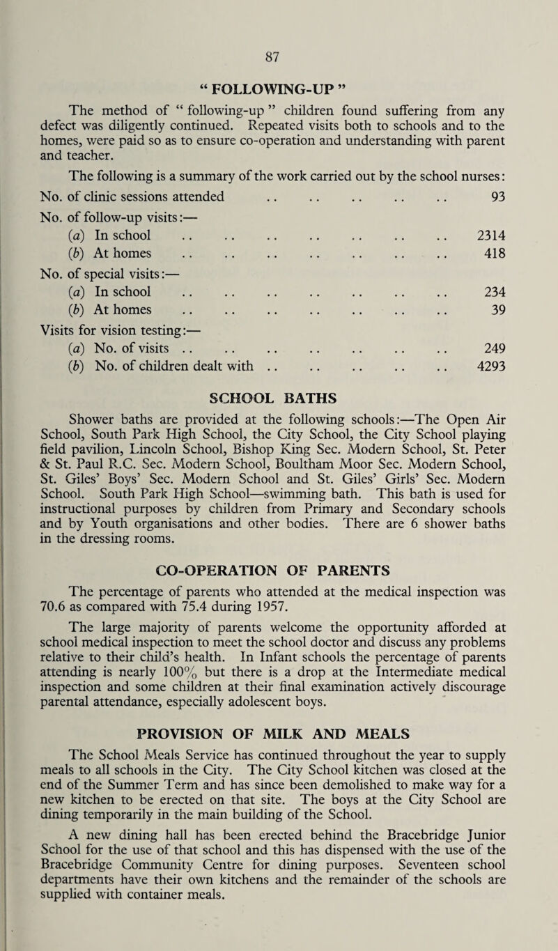 “ FOLLOWING-UP ” The method of “ following-up ” children found suffering from any defect was diligently continued. Repeated visits both to schools and to the homes, were paid so as to ensure co-operation and understanding with parent and teacher. The following is a summary of the work carried out by the school nurses: No. of clinic sessions attended .. .. .. .. .. 93 No. of follow-up visits:— (a) In school .. .. .. .. .. .. .. 2314 (ib) At homes .. .. .. .. .. .. .. 418 No. of special visits:— (a) In school .. .. .. .. .. .. .. 234 (/b) At homes .. .. .. .. .. .. .. 39 Visits for vision testing:— (a) No. of visits .. .. .. .. .. .. .. 249 (ib) No. of children dealt with .. .. .. .. .. 4293 SCHOOL BATHS Shower baths are provided at the following schools:—The Open Air School, South Park High School, the City School, the City School playing field pavilion, Lincoln School, Bishop King Sec. Modern School, St. Peter & St. Paul R.C. Sec. Modern School, Boultham Moor Sec. Modern School, St. Giles’ Boys’ Sec. Modern School and St. Giles’ Girls’ Sec. Modern School. South Park High School—swimming bath. This bath is used for instructional purposes by children from Primary and Secondary schools and by Youth organisations and other bodies. There are 6 shower baths in the dressing rooms. CO-OPERATION OF PARENTS The percentage of parents who attended at the medical inspection was 70.6 as compared with 75.4 during 1957. The large majority of parents welcome the opportunity afforded at school medical inspection to meet the school doctor and discuss any problems relative to their child’s health. In Infant schools the percentage of parents attending is nearly 100% but there is a drop at the Intermediate medical inspection and some children at their final examination actively discourage parental attendance, especially adolescent boys. PROVISION OF MILK AND MEALS The School iMeals Service has continued throughout the year to supply meals to all schools in the City. The City School kitchen was closed at the end of the Summer Term and has since been demolished to make way for a new kitchen to be erected on that site. The boys at the City School are dining temporarily in the main building of the School. A new dining hall has been erected behind the Bracebridge Junior School for the use of that school and this has dispensed with the use of the Bracebridge Community Centre for dining purposes. Seventeen school departments have their own kitchens and the remainder of the schools are supplied with container meals.