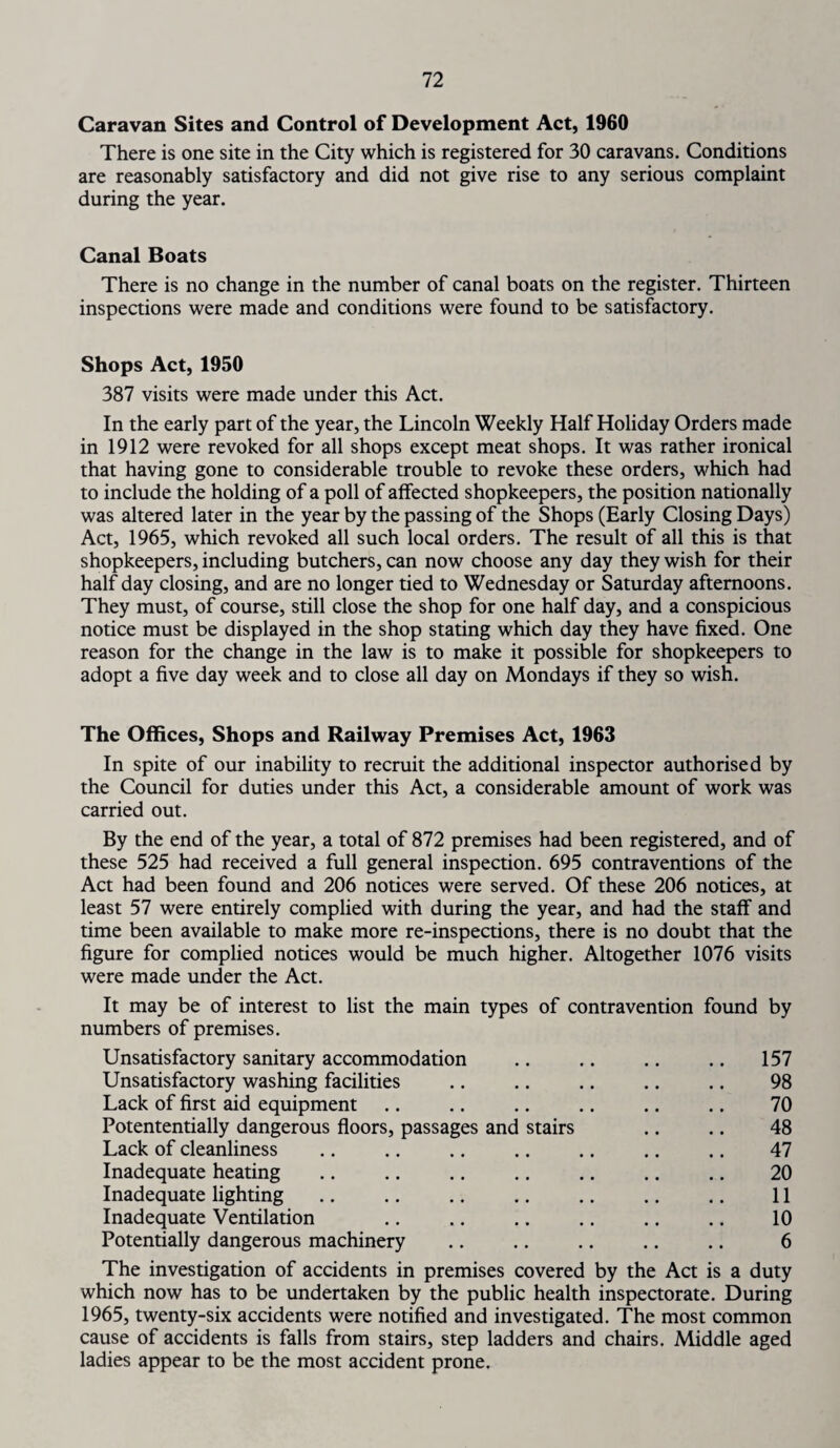 Caravan Sites and Control of Development Act, 1960 There is one site in the City which is registered for 30 caravans. Conditions are reasonably satisfactory and did not give rise to any serious complaint during the year. Canal Boats There is no change in the number of canal boats on the register. Thirteen inspections were made and conditions were found to be satisfactory. Shops Act, 1950 387 visits were made under this Act. In the early part of the year, the Lincoln Weekly Half Holiday Orders made in 1912 were revoked for all shops except meat shops. It was rather ironical that having gone to considerable trouble to revoke these orders, which had to include the holding of a poll of affected shopkeepers, the position nationally was altered later in the year by the passing of the Shops (Early Closing Days) Act, 1965, which revoked all such local orders. The result of all this is that shopkeepers, including butchers, can now choose any day they wish for their half day closing, and are no longer tied to Wednesday or Saturday afternoons. They must, of course, still close the shop for one half day, and a conspicious notice must be displayed in the shop stating which day they have fixed. One reason for the change in the law is to make it possible for shopkeepers to adopt a five day week and to close all day on Mondays if they so wish. The Offices, Shops and Railway Premises Act, 1963 In spite of our inability to recruit the additional inspector authorised by the Council for duties under this Act, a considerable amount of work was carried out. By the end of the year, a total of 872 premises had been registered, and of these 525 had received a full general inspection. 695 contraventions of the Act had been found and 206 notices were served. Of these 206 notices, at least 57 were entirely complied with during the year, and had the staff and time been available to make more re-inspections, there is no doubt that the figure for complied notices would be much higher. Altogether 1076 visits were made under the Act. It may be of interest to list the main types of contravention found by numbers of premises. Unsatisfactory sanitary accommodation .. .. .. .. 157 Unsatisfactory washing facilities .. .. .. .. .. 98 Lack of first aid equipment .. .. .. .. .. .. 70 Potententially dangerous floors, passages and stairs .. .. 48 Lack of cleanliness .. .. .. .. .. .. .. 47 Inadequate heating .. .. .. .. .. .. .. 20 Inadequate lighting. 11 Inadequate Ventilation .. .. .. .. .. .. 10 Potentially dangerous machinery .. .. .. .. .. 6 The investigation of accidents in premises covered by the Act is a duty which now has to be undertaken by the public health inspectorate. During 1965, twenty-six accidents were notified and investigated. The most common cause of accidents is falls from stairs, step ladders and chairs. Middle aged ladies appear to be the most accident prone.