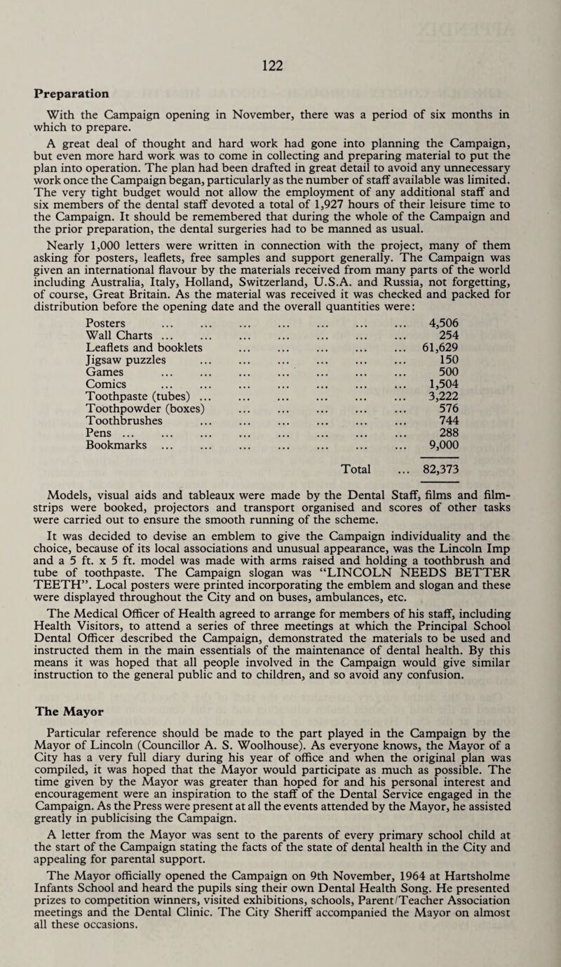 Preparation With the Campaign opening in November, there was a period of six months in which to prepare. A great deal of thought and hard work had gone into planning the Campaign, but even more hard work was to come in collecting and preparing material to put the plan into operation. The plan had been drafted in great detail to avoid any unnecessary work once the Campaign began, particularly as the number of staff available was limited. The very tight budget would not allow the employment of any additional staff and six members of the dental staff devoted a total of 1,927 hours of their leisure time to the Campaign. It should be remembered that during the whole of the Campaign and the prior preparation, the dental surgeries had to be manned as usual. Nearly 1,000 letters were written in connection with the project, many of them asking for posters, leaflets, free samples and support generally. The Campaign was given an international flavour by the materials received from many parts of the world including Australia, Italy, Holland, Switzerland, U.S.A. and Russia, not forgetting, of course, Great Britain. As the material was received it was checked and packed for distribution before the opening date and the overall quantities were: Posters . 4,506 Wall Charts. 254 Leaflets and booklets ... ... ... ... ... 61,629 Jigsaw puzzles ... ... ... ... ... ... 150 Games ... ... ... ... ... ... ... 500 Comics ... ... ... ... ... ... ... 1,504 Toothpaste (tubes) ... ... ... ... ... ... 3,222 Toothpowder (boxes) ... ... ... ... ... 576 Toothbrushes ... ... ... ... ... ... 744 Pens ... ... ... ... ... ... ... ... 288 Bookmarks ... ... ... ... ... ... ... 9,000 Total ... 82,373 Models, visual aids and tableaux were made by the Dental Staff, films and film¬ strips were booked, projectors and transport organised and scores of other tasks were carried out to ensure the smooth running of the scheme. It was decided to devise an emblem to give the Campaign individuality and the choice, because of its local associations and unusual appearance, was the Lincoln Imp and a 5 ft. x 5 ft. model was made with arms raised and holding a toothbrush and tube of toothpaste. The Campaign slogan was “LINCOLN NEEDS BETTER TEETH”. Local posters were printed incorporating the emblem and slogan and these were displayed throughout the City and on buses, ambulances, etc. The Medical Officer of Health agreed to arrange for members of his staff, including Health Visitors, to attend a series of three meetings at which the Principal School Dental Officer described the Campaign, demonstrated the materials to be used and instructed them in the main essentials of the maintenance of dental health. By this means it was hoped that all people involved in the Campaign would give similar instruction to the general public and to children, and so avoid any confusion. The Mayor Particular reference should be made to the part played in the Campaign by the Mayor of Lincoln (Councillor A. S. Woolhouse). As everyone knows, the Mayor of a City has a very full diary during his year of office and when the original plan was compiled, it was hoped that the Mayor would participate as much as possible. The time given by the Mayor was greater than hoped for and his personal interest and encouragement were an inspiration to the staff of the Dental Service engaged in the Campaign. As the Press were present at all the events attended by the Mayor, he assisted greatly in publicising the Campaign. A letter from the Mayor was sent to the parents of every primary school child at the start of the Campaign stating the facts of the state of dental health in the City and appealing for parental support. The Mayor officially opened the Campaign on 9th November, 1964 at Hartsholme Infants School and heard the pupils sing their own Dental Health Song. He presented prizes to competition winners, visited exhibitions, schools, Parent/Teacher Association meetings and the Dental Clinic. The City Sheriff accompanied the Mayor on almost all these occasions.