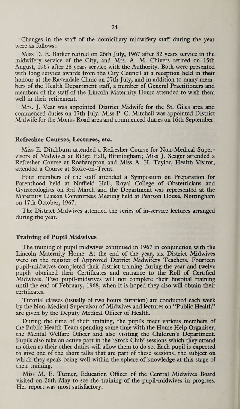 Changes in the staff of the domiciliary midwifery staff during the year were as follows: Miss D. E. Barker retired on 26th July, 1967 after 32 years service in the midwifery service of the City, and Mrs. A. M. Chivers retired on 15th August, 1967 after 28 years service with the Authority. Both were presented with long service awards from the City Council at a reception held in their honour at the Ravendale Clinic on 27th July, and in addition to many mem¬ bers of the Health Department staff, a number of General Practitioners and members of the staff of the Lincoln Maternity Home attended to wish them well in their retirement. Mrs. J. Vear was appointed District Midwife for the St. Giles area and commenced duties on 17th July. Miss P. C. Mitchell was appointed District Midwife for the Monks Road area and commenced duties on 16th September. Refresher Courses, Lectures, etc. Miss E. Ditchburn attended a Refresher Course for Non-Medical Super¬ visors of Midwives at Ridge Hall, Birmingham; Miss J. Seager attended a Refresher Course at Roehampton and Miss A. H. Taylor, Health Visitor, attended a Course at Stoke-on-Trent. Four members of the staff attended a Symposium on Preparation for Parenthood held at Nuffield Hall, Royal College of Obstetricians and Gynaecologists on 3rd March and the Department was represented at the Maternity Liaison Committees Meeting held at Pearson House, Nottingham on 17th October, 1967. The District Midwives attended the series of in-service lectures arranged during the year. Training of Pupil Midwives The training of pupil midwives continued in 1967 in conjunction with the Lincoln Maternity Home. At the end of the year, six District Midwives were on the register of Approved District Midwifery Teachers. Fourteen pupil-midwives completed their district training during the year and twelve pupils obtained their Certificates and entrance to the Roll of Certified Midwives. Two pupil-midwives will not complete their hospital training until the end of February, 1968, when it is hoped they also will obtain their certificates. Tutorial classes (usually of two hours duration) are conducted each week by the Non-Medical Supervisor of Midwives and lectures on “Public Health” are given by the Deputy Medical Officer of Health. During the time of their training, the pupils meet various members of the Public Health Team spending some time with the Home Help Organiser, the Mental Welfare Officer and also visiting the Children’s Department. Pupils also take an active part in the ‘Stork Club’ sessions which they attend as often as their other duties will allow them to do so. Each pupil is expected to give one of the short talks that are part of these sessions, the subject on which they speak being well within the sphere of knowledge at this stage of their training. Miss M. E. Turner, Education Officer of the Central Midwives Board visited on 26th May to see the training of the pupil-midwives in progress. Her report was most satisfactory.