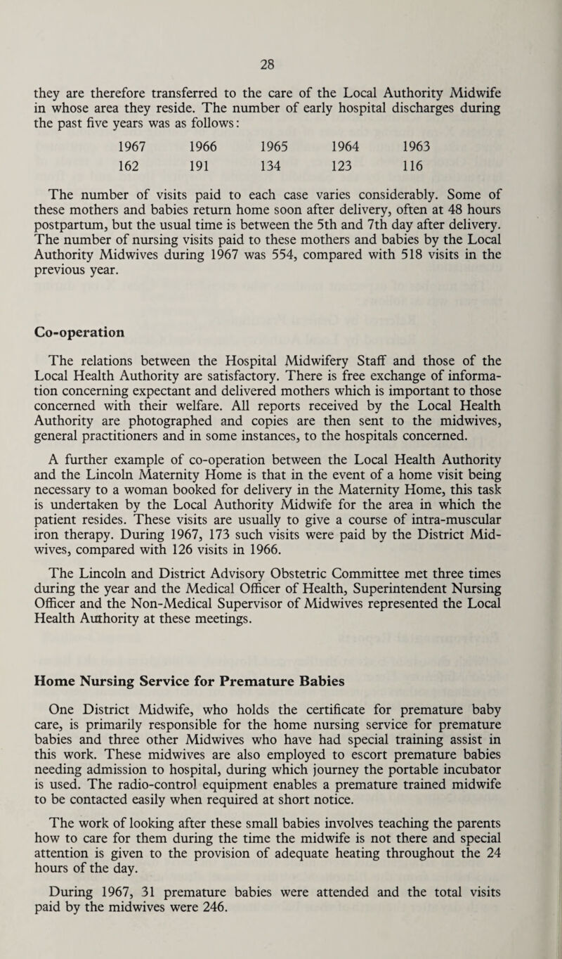 they are therefore transferred to the care of the Local Authority Midwife in whose area they reside. The number of early hospital discharges during the past five years was as follows: 1967 1966 1965 1964 1963 162 191 134 123 116 The number of visits paid to each case varies considerably. Some of these mothers and babies return home soon after delivery, often at 48 hours postpartum, but the usual time is between the 5th and 7th day after delivery. The number of nursing visits paid to these mothers and babies by the Local Authority Midwives during 1967 was 554, compared with 518 visits in the previous year. Co-operation The relations between the Hospital Midwifery Staff and those of the Local Health Authority are satisfactory. There is free exchange of informa¬ tion concerning expectant and delivered mothers which is important to those concerned with their welfare. All reports received by the Local Health Authority are photographed and copies are then sent to the midwives, general practitioners and in some instances, to the hospitals concerned. A further example of co-operation between the Local Health Authority and the Lincoln Maternity Home is that in the event of a home visit being necessary to a woman booked for delivery in the Maternity Home, this task is undertaken by the Local Authority Midwife for the area in which the patient resides. These visits are usually to give a course of intra-muscular iron therapy. During 1967, 173 such visits were paid by the District Mid¬ wives, compared with 126 visits in 1966. The Lincoln and District Advisory Obstetric Committee met three times during the year and the Medical Officer of Health, Superintendent Nursing Officer and the Non-Medical Supervisor of Midwives represented the Local Health Authority at these meetings. Home Nursing Service for Premature Babies One District Midwife, who holds the certificate for premature baby care, is primarily responsible for the home nursing service for premature babies and three other Midwives who have had special training assist in this work. These midwives are also employed to escort premature babies needing admission to hospital, during which journey the portable incubator is used. The radio-control equipment enables a premature trained midwife to be contacted easily when required at short notice. The work of looking after these small babies involves teaching the parents how to care for them during the time the midwife is not there and special attention is given to the provision of adequate heating throughout the 24 hours of the day. During 1967, 31 premature babies were attended and the total visits paid by the midwives were 246.