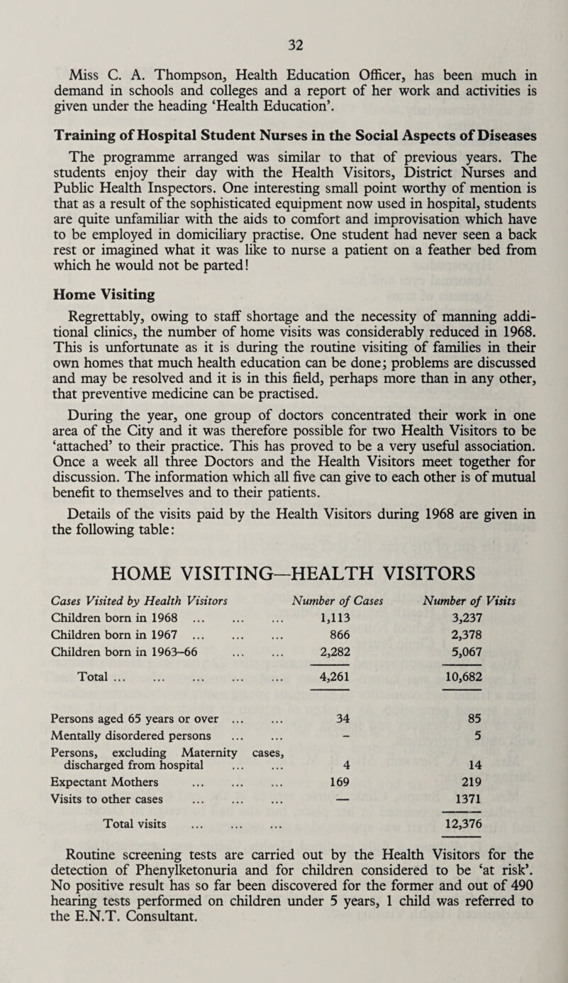 Miss C. A. Thompson, Health Education Officer, has been much in demand in schools and colleges and a report of her work and activities is given under the heading ‘Health Education’. Training of Hospital Student Nurses in the Social Aspects of Diseases The programme arranged was similar to that of previous years. The students enjoy their day with the Health Visitors, District Nurses and Public Health Inspectors. One interesting small point worthy of mention is that as a result of the sophisticated equipment now used in hospital, students are quite unfamiliar with the aids to comfort and improvisation which have to be employed in domiciliary practise. One student had never seen a back rest or imagined what it was like to nurse a patient on a feather bed from which he would not be parted! Home Visiting Regrettably, owing to staff shortage and the necessity of manning addi¬ tional clinics, the number of home visits was considerably reduced in 1968. This is unfortunate as it is during the routine visiting of families in their own homes that much health education can be done; problems are discussed and may be resolved and it is in this field, perhaps more than in any other, that preventive medicine can be practised. During the year, one group of doctors concentrated their work in one area of the City and it was therefore possible for two Health Visitors to be ‘attached’ to their practice. This has proved to be a very useful association. Once a week all three Doctors and the Health Visitors meet together for discussion. The information which all five can give to each other is of mutual benefit to themselves and to their patients. Details of the visits paid by the Health Visitors during 1968 are given in the following table: HOME VISITING—HEALTH VISITORS Cases Visited by Health Visitors Number of Cases Number of Children born in 1968 1,113 3,237 Children born in 1967 . 866 2,378 Children born in 1963-66 2,282 5,067 Total. 4,261 10,682 Persons aged 65 years or over ... 34 85 Mentally disordered persons ... - 5 Persons, excluding Maternity discharged from hospital cases, 4 14 Expectant Mothers . 169 219 Visits to other cases . — 1371 Total visits . 12,376 Routine screening tests are carried out by the Health Visitors for the detection of Phenylketonuria and for children considered to be ‘at risk’. No positive result has so far been discovered for the former and out of 490 hearing tests performed on children under 5 years, 1 child was referred to the E.N.T. Consultant.