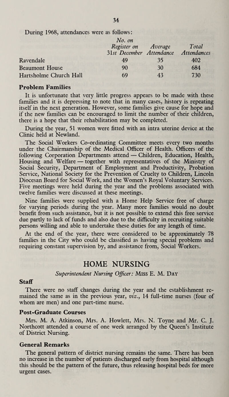 During 1968, attendances were as follows: No. on Register on Average 3 hr December Attendance Total Attendances 402 684 730 Ravendale Beaumont House Hartsholme Church Hall 49 90 69 35 30 43 Problem Families It is unfortunate that very little progress appears to be made with these families and it is depressing to note that in many cases, history is repeating itself in the next generation. However, some families give cause for hope and if the new families can be encouraged to limit the number of their children, there is a hope that their rehabilitation may be completed. During the year, 51 women were fitted with an intra uterine device at the Clinic held at Newland. The Social Workers Co-ordinating Committee meets every two months under the Chairmanship of the Medical Officer of Health. Officers of the following Corporation Departments attend — Children, Education, Health, Housing and Welfare — together with representatives of the Ministry of Social Security, Department of Employment and Productivity, Probation Service, National Society for the Prevention of Cruelty to Children, Lincoln Diocesan Board for Social Work, and the Women’s Royal Voluntary Services. Five meetings were held during the year and the problems associated with twelve families were discussed at these meetings. Nine families were supplied with a Home Help Service free of charge for varying periods during the year. Many more families would no doubt benefit from such assistance, but it is not possible to extend this free service due partly to lack of funds and also due to the difficulty in recruiting suitable persons willing and able to undertake these duties for any length of time. At the end of the year, there were considered to be approximately 78 families in the City who could be classified as having special problems and requiring constant supervision by, and assistance from, Social Workers. HOME NURSING Superintendent Nursing Officer: Miss E. M. Day Staff There were no staff changes during the year and the establishment re¬ mained the same as in the previous year, viz., 14 full-time nurses (four of whom are men) and one part-time nurse. Post-Graduate Courses Mrs. M. A. Atkinson, Mrs. A. Howlett, Mrs. N. Toyne and Mr. C. J. Northcott attended a course of one week arranged by the Queen’s Institute of District Nursing. General Remarks The general pattern of district nursing remains the same. There has been no increase in the number of patients discharged early from hospital although this should be the pattern of the future, thus releasing hospital beds for more urgent cases.