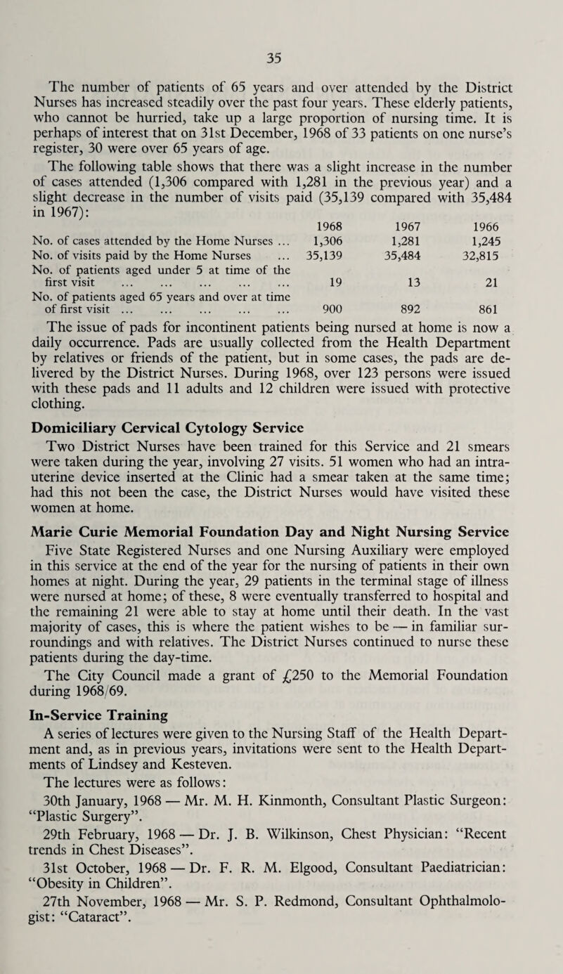 The number of patients of 65 years and over attended by the District Nurses has increased steadily over the past four years. These elderly patients, who cannot be hurried, take up a large proportion of nursing time. It is perhaps of interest that on 31st December, 1968 of 33 patients on one nurse’s register, 30 were over 65 years of age. The following table shows that there was a slight increase in the number of cases attended (1,306 compared with 1,281 in the previous year) and a slight decrease in the number of visits paid (35,139 compared with 35,484 in 1967): 1968 1967 1966 No. of cases attended by the Home Nurses ... 1,306 1,281 1,245 No. of visits paid by the Home Nurses 35,139 35,484 32,815 No. of patients aged under 5 at time of the first visit 19 13 21 No. of patients aged 65 years and over at time of first visit ... 900 892 861 The issue of pads for incontinent patients being nursed at home is now a daily occurrence. Pads are usually collected from the Health Department by relatives or friends of the patient, but in some cases, the pads are de¬ livered by the District Nurses. During 1968, over 123 persons were issued with these pads and 11 adults and 12 children were issued with protective clothing. Domiciliary Cervical Cytology Service Two District Nurses have been trained for this Service and 21 smears were taken during the year, involving 27 visits. 51 women who had an intra¬ uterine device inserted at the Clinic had a smear taken at the same time; had this not been the case, the District Nurses would have visited these women at home. Marie Curie Memorial Foundation Day and Night Nursing Service Five State Registered Nurses and one Nursing Auxiliary were employed in this service at the end of the year for the nursing of patients in their own homes at night. During the year, 29 patients in the terminal stage of illness were nursed at home; of these, 8 were eventually transferred to hospital and the remaining 21 were able to stay at home until their death. In the vast majority of cases, this is where the patient wishes to be — in familiar sur¬ roundings and with relatives. The District Nurses continued to nurse these patients during the day-time. The City Council made a grant of £250 to the Memorial Foundation during 1968/69. In-Service Training A series of lectures were given to the Nursing Staff of the Health Depart¬ ment and, as in previous years, invitations were sent to the Health Depart¬ ments of Lindsey and Kesteven. The lectures were as follows: 30th January, 1968 — Mr. M. H. Kinmonth, Consultant Plastic Surgeon: “Plastic Surgery”. 29th February, 1968 — Dr. J. B. Wilkinson, Chest Physician: “Recent trends in Chest Diseases”. 31st October, 1968 — Dr. F. R. M. Elgood, Consultant Paediatrician: “Obesity in Children”. 27th November, 1968 — Mr. S. P. Redmond, Consultant Ophthalmolo¬ gist: “Cataract”.