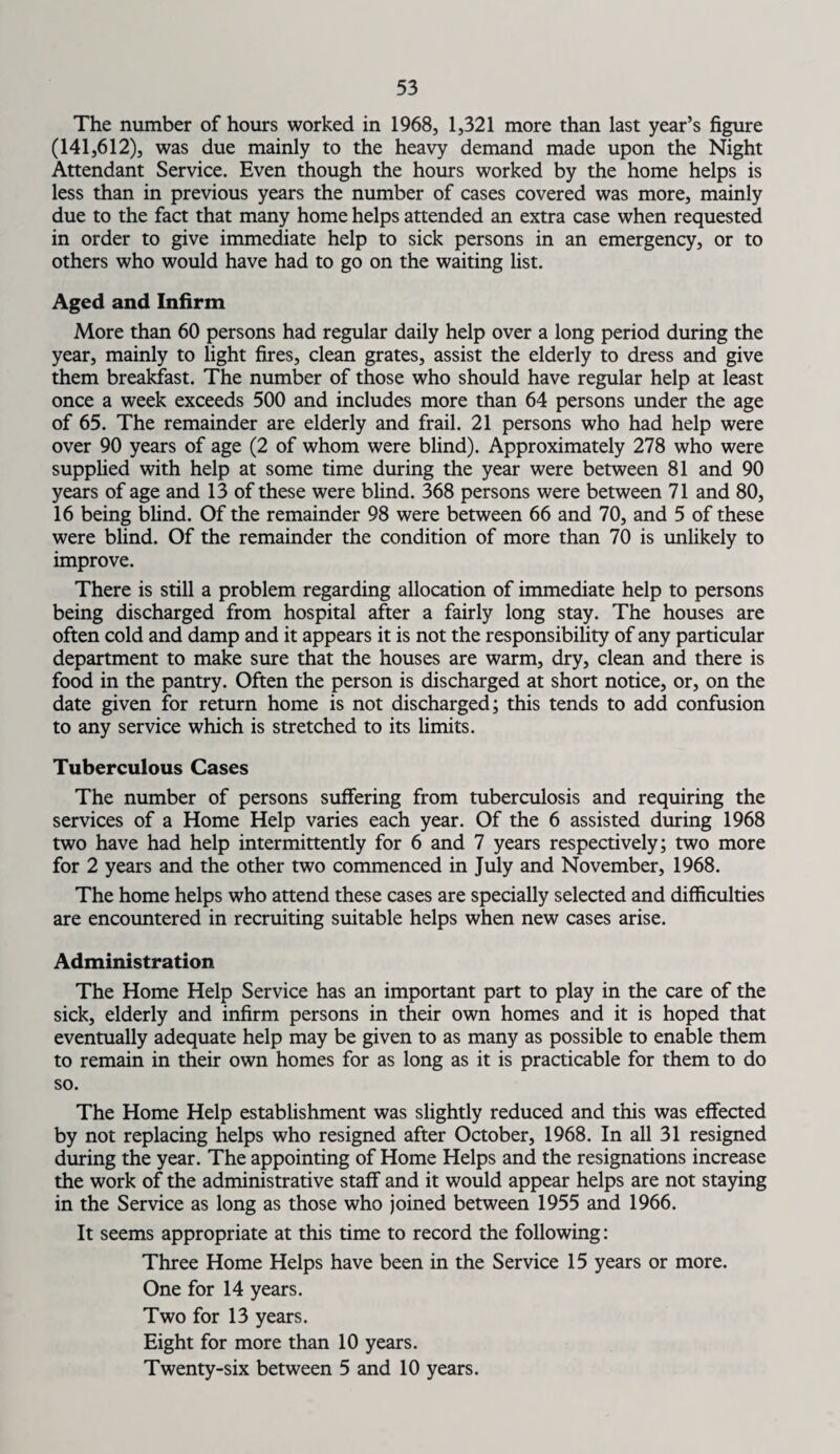 The number of hours worked in 1968, 1,321 more than last year’s figure (141,612), was due mainly to the heavy demand made upon the Night Attendant Service. Even though the hours worked by the home helps is less than in previous years the number of cases covered was more, mainly due to the fact that many home helps attended an extra case when requested in order to give immediate help to sick persons in an emergency, or to others who would have had to go on the waiting list. Aged and Infirm More than 60 persons had regular daily help over a long period during the year, mainly to light fires, clean grates, assist the elderly to dress and give them breakfast. The number of those who should have regular help at least once a week exceeds 500 and includes more than 64 persons under the age of 65. The remainder are elderly and frail. 21 persons who had help were over 90 years of age (2 of whom were blind). Approximately 278 who were supplied with help at some time during the year were between 81 and 90 years of age and 13 of these were blind. 368 persons were between 71 and 80, 16 being blind. Of the remainder 98 were between 66 and 70, and 5 of these were blind. Of the remainder the condition of more than 70 is unlikely to improve. There is still a problem regarding allocation of immediate help to persons being discharged from hospital after a fairly long stay. The houses are often cold and damp and it appears it is not the responsibility of any particular department to make sure that the houses are warm, dry, clean and there is food in the pantry. Often the person is discharged at short notice, or, on the date given for return home is not discharged; this tends to add confusion to any service which is stretched to its limits. Tuberculous Cases The number of persons suffering from tuberculosis and requiring the services of a Home Help varies each year. Of the 6 assisted during 1968 two have had help intermittently for 6 and 7 years respectively; two more for 2 years and the other two commenced in July and November, 1968. The home helps who attend these cases are specially selected and difficulties are encountered in recruiting suitable helps when new cases arise. Administration The Home Help Service has an important part to play in the care of the sick, elderly and infirm persons in their own homes and it is hoped that eventually adequate help may be given to as many as possible to enable them to remain in their own homes for as long as it is practicable for them to do so. The Home Help establishment was slightly reduced and this was effected by not replacing helps who resigned after October, 1968. In all 31 resigned during the year. The appointing of Home Helps and the resignations increase the work of the administrative staff and it would appear helps are not staying in the Service as long as those who joined between 1955 and 1966. It seems appropriate at this time to record the following: Three Home Helps have been in the Service 15 years or more. One for 14 years. Two for 13 years. Eight for more than 10 years. Twenty-six between 5 and 10 years.