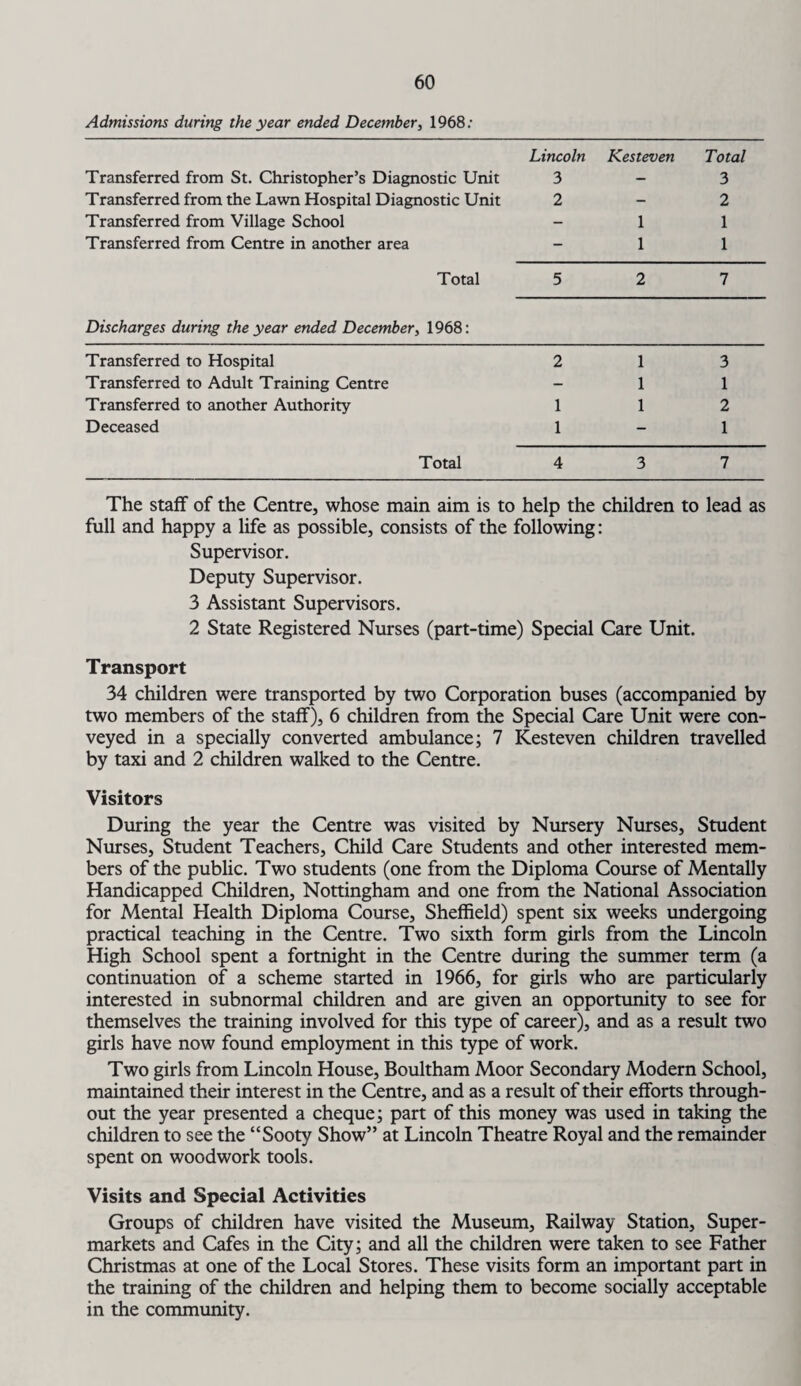 Admissions during the year ended December, 1968; Lincoln Kesteven Total Transferred from St. Christopher’s Diagnostic Unit 3 - 3 Transferred from the Lawn Hospital Diagnostic Unit 2 - 2 Transferred from Village School — 1 1 Transferred from Centre in another area - 1 1 Total 5 2 7 Discharges during the year ended December, 1968: Transferred to Hospital 2 1 3 Transferred to Adult Training Centre - 1 1 Transferred to another Authority 1 1 2 Deceased 1 - 1 Total 4 3 7 The staff of the Centre, whose main aim is to help the children to lead as full and happy a life as possible, consists of the following: Supervisor. Deputy Supervisor. 3 Assistant Supervisors. 2 State Registered Nurses (part-time) Special Care Unit. Transport 34 children were transported by two Corporation buses (accompanied by two members of the staff), 6 children from the Special Care Unit were con¬ veyed in a specially converted ambulance; 7 Kesteven children travelled by taxi and 2 children walked to the Centre. Visitors During the year the Centre was visited by Nursery Nurses, Student Nurses, Student Teachers, Child Care Students and other interested mem¬ bers of the public. Two students (one from the Diploma Course of Mentally Handicapped Children, Nottingham and one from the National Association for Mental Health Diploma Course, Sheffield) spent six weeks undergoing practical teaching in the Centre. Two sixth form girls from the Lincoln High School spent a fortnight in the Centre during the summer term (a continuation of a scheme started in 1966, for girls who are particularly interested in subnormal children and are given an opportunity to see for themselves the training involved for this type of career), and as a result two girls have now found employment in this type of work. Two girls from Lincoln House, Boultham Moor Secondary Modern School, maintained their interest in the Centre, and as a result of their efforts through¬ out the year presented a cheque; part of this money was used in taking the children to see the “Sooty Show” at Lincoln Theatre Royal and the remainder spent on woodwork tools. Visits and Special Activities Groups of children have visited the Museum, Railway Station, Super¬ markets and Cafes in the City; and all the children were taken to see Father Christmas at one of the Local Stores. These visits form an important part in the training of the children and helping them to become socially acceptable in the community.