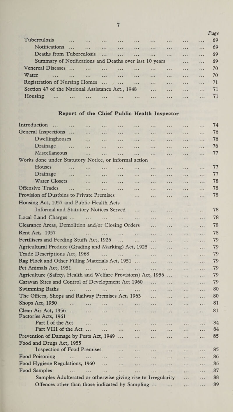 Page Tuberculosis ... ... ... ... ... ... ... ... ... 69 Notifications ... ... ... ... ... ... ... ... ... 69 Deaths from Tuberculosis ... ... ... ... ... ... ... 69 Summary of Notifications and Deaths over last 10 years ... ... 69 Venereal Diseases ... ... ... ... ... ... ... ... ... 70 Water ... ... ... ... ... ... ... ... ... ... 70 Registration of Nursing Homes ... „ ... ... ... ... ... ... 71 Section 47 of the National Assistance Act., 1948 ... ... ... ... 71 Housing ... ... ... ... ... ... ... ... ... ... 71 Report of the Chief Public Health Inspector Introduction ... ... ... ... ... ... ... ... ... ... 74 General Inspections ... ... ... ... ... ... ... ... ... 76 Dwellinghouses ... ... ... ... ... ... ... ... 76 Drainage ... ... ... ... ... ... ... ... ... 76 Miscellaneous ... ... ... ... ... ... ... ... 77 Works done under Statutory Notice, or informal action Houses . 77 Drainage ... ... ... ... ... ... ... ... ... 77 Water Closets ... ... ... ... ... ... ... ... 78 Offensive Trades ... ... ... ... ... ... ... ... ... 78 Provision of Dustbins to Private Premises ... ... ... ... ... 78 Housing Act, 1957 and Public Health Acts Informal and Statutory Notices Served ... ... ... ... ... 78 Local Land Charges ... ... ... ... ... ... ... ... ... 78 Clearance Areas, Demolition and/or Closing Orders ... ... ... ... 78 Rent Act, 1957 ... ... ... ... ... ... ... ... ... 78 Fertilisers and Feeding Stuffs Act, 1926 ... ... ... ... ... ... 79 Agricultural Produce (Grading and Marking) Act, 1928 ... ... ... ... 79 Trade Descriptions Act, 1968 . 79 Rag Flock and Other Filling Materials Act, 1951 ... ... ... ... ... 79 Pet Animals Act, 1951 ... ... ... ... ... ... ... ... 79 Agriculture (Safety, Health and Welfare Provisions) Act, 1956 ... ... ... 79 Caravan Sites and Control of Development Act 1960 ... ... ... ... 79 Swimming Baths ... ... ... ... ... ... ... ... ... 80 The Offices, Shops and Railway Premises Act, 1963 ... ... ... ... 80 Shops Act, 1950 ... ... ... ... ... ... ... ... ... 81 Clean Air Act, 1956 ... ... ... ... ... ... ... ... ... 81 Factories Acts, 1961 Part I of the Act . . 84 Part VIII of the Act ... ... ... ... ... ... ... ... 84 Prevention of Damage by Pests Act, 1949 ... ... ... ... ... ... 85 Food and Drugs Act, 1955 Inspection of Food Premises ... ... ... ... ... ... 85 Food Poisoning ... ... ... ... ... ... ... ... ... 86 Food Hygiene Regulations, 1960 ... ... ... ... ... ... ... 86 Food Samples ... ... ... ... ... ... ... ... ... 87 Samples Adulterated or otherwise giving rise to Irregularity ... ... 88 Offences other than those indicated by Sampling. 89