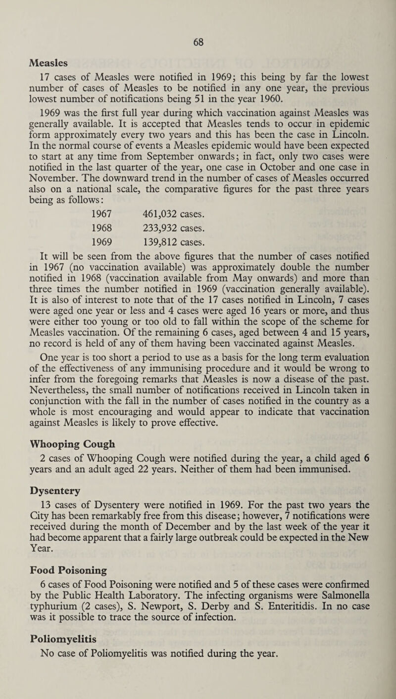 Measles 17 cases of Measles were notified in 1969; this being by far the lowest number of cases of Measles to be notified in any one year, the previous lowest number of notifications being 51 in the year 1960. 1969 was the first full year during which vaccination against Measles was generally available. It is accepted that Measles tends to occur in epidemic form approximately every two years and this has been the case in Lincoln. In the normal course of events a Measles epidemic would have been expected to start at any time from September onwards; in fact, only two cases were notified in the last quarter of the year, one case in October and one case in November. The downward trend in the number of cases of Measles occurred also on a national scale, the comparative figures for the past three years being as follows: 1967 461,032 cases. 1968 233,932 cases. 1969 139,812 cases. It will be seen from the above figures that the number of cases notified in 1967 (no vaccination available) was approximately double the number notified in 1968 (vaccination available from May onwards) and more than three times the number notified in 1969 (vaccination generally available). It is also of interest to note that of the 17 cases notified in Lincoln, 7 cases were aged one year or less and 4 cases were aged 16 years or more, and thus were either too young or too old to fall within the scope of the scheme for Measles vaccination. Of the remaining 6 cases, aged between 4 and 15 years, no record is held of any of them having been vaccinated against Measles. One year is too short a period to use as a basis for the long term evaluation of the effectiveness of any immunising procedure and it would be wrong to infer from the foregoing remarks that Measles is now a disease of the past. Nevertheless, the small number of notifications received in Lincoln taken in conjunction with the fall in the number of cases notified in the country as a whole is most encouraging and would appear to indicate that vaccination against Measles is likely to prove effective. Whooping Cough 2 cases of Whooping Cough were notified during the year, a child aged 6 years and an adult aged 22 years. Neither of them had been immunised. Dysentery 13 cases of Dysentery were notified in 1969. For the past two years the City has been remarkably free from this disease; however, 7 notifications were received during the month of December and by the last week of the year it had become apparent that a fairly large outbreak could be expected in the New Year. Food Poisoning 6 cases of Food Poisoning were notified and 5 of these cases were confirmed by the Public Health Laboratory. The infecting organisms were Salmonella typhurium (2 cases), S. Newport, S. Derby and S. Enteritidis. In no case was it possible to trace the source of infection. Poliomyelitis No case of Poliomyelitis was notified during the year.