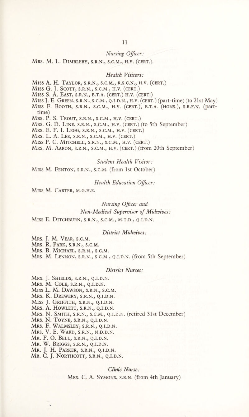 Nursing Officer: Mrs. M. L. Dimbleby, s.r.n., s.c.m., h.v. (cert.). Health Visitors: Miss A. H. Taylor, s.r.n., s.c.m., r.s.c.n., h.v. (cert.) Miss G. J. Scott, s.r.n., s.c.m., h.v. (cert.) Miss S. A. East, s.r.n., b.t.a. (cert.) h.v. (cert.) Miss J. E. Green, s.r.n., s.c.m., q.i.d.n., h.v. (cert.) (part-time) (to 21st May) Miss F. Booth, s.r.n., s.c.m., h.v. (cert.), b.t.a. (hons.), s.r.f.n. (part- time) Mrs. P. S. Trout, s.r.n., s.c.m., h.v. (cert.) Mrs. G. D. Line, s.r.n., s.c.m., h.v. (cert.) (to 5th September) Mrs. E. F. I. Legg, s.r.n., s.c.m., h.v. (cert.) Mrs. L. A. Lee, s.r.n., s.c.m., h.v. (cert.) Miss P. C. Mitchell, s.r.n., s.c.m., h.v. (cert.) Mrs. M. Aaron, s.r.n., s.c.m., h.v. (cert.) (from 20th September) Student Health Visitor: Miss M. Fenton, s.r.n., s.c.m. (from 1st October) Health Education Officer: Miss M. Carter, m.g.h.e. Nursing Officer and Non-Medical Supervisor of Midwives: Miss E. Ditchburn, s.r.n., s.c.m., m.t.d., q.i.d.n. District Midwives: Mrs. J. M. Vear, s.c.m. Mrs. R. Park, s.r.n., s.c.m. Mrs. B. Michael, s.r.n., s.c.m. Mrs. M. Lennon, s.r.n., s.c.m., q.i.d.n. (from 5th September) District Nurses: Mrs. J. Shields, s.r.n., q.i.d.n. Mrs. M. Cole, s.r.n., q.i.d.n. Miss L. M. Dawson, s.r.n., s.c.m. Mrs. K. Drewery, s.r.n., q.i.d.n. Miss J. Griffith, s.r.n., q.i.d.n. Mrs. A. Howlett, s.r.n., q.i.d.n. Mrs. N. Smith, s.r.n., s.c.m., q.i.d.n. (retired 31st December) Mrs. N. Toyne, s.r.n., q.i.d.n. Mrs. F. Walmsley, s.r.n., q.i.d.n. Mrs. V. E. Ward, s.r.n., n.d.d.n. Mr. F. O. Bell, s.r.n., q.i.d.n. Mr. W. Briggs, s.r.n., q.i.d.n. Mr. J. H. Parker, s.r.n., q.i.d.n. Mr. C. J. Northcott, s.r.n., q.i.d.n. Clinic Nurse: Mrs. C, A. Symons, s.r.n. (from 4th January)